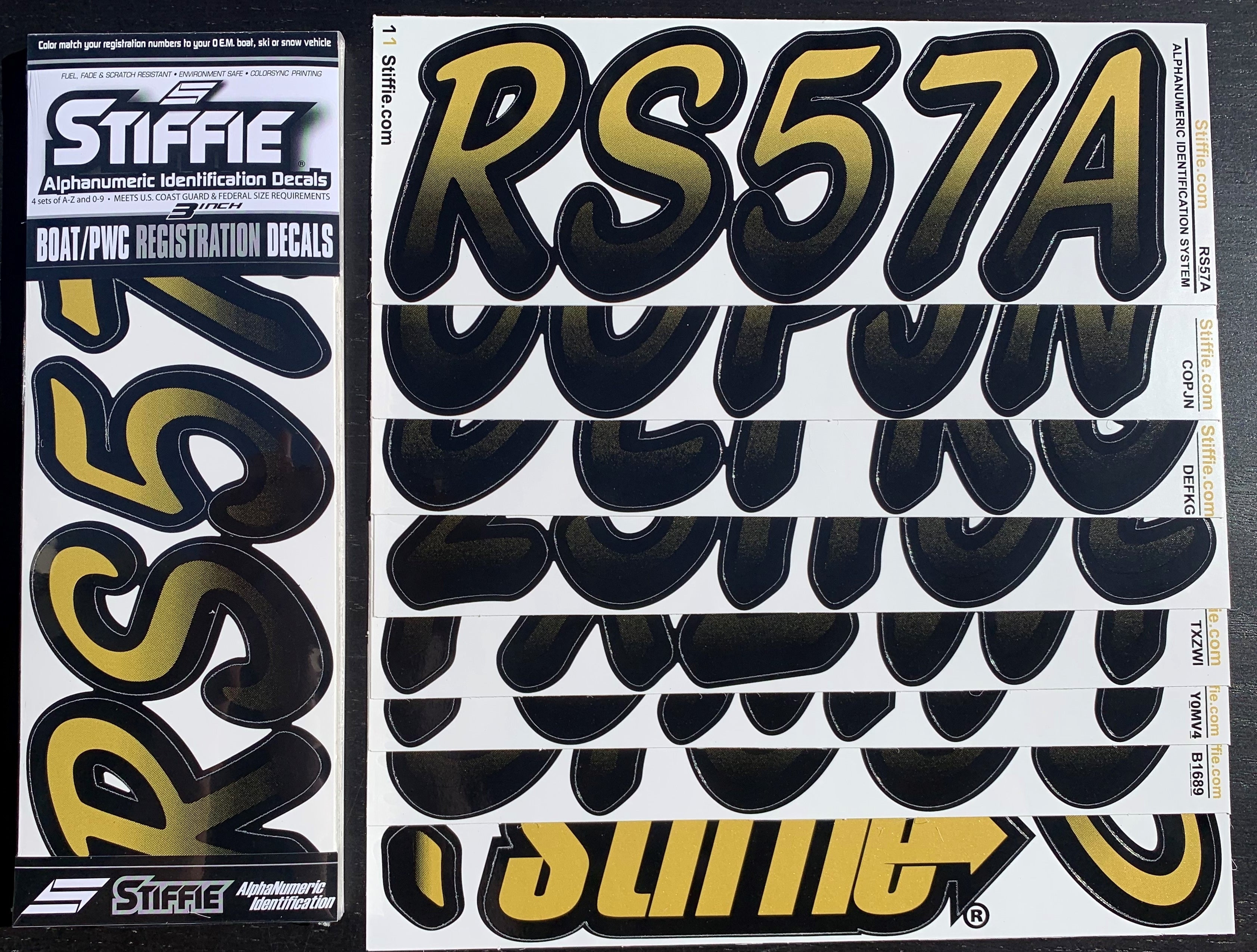 STIFFIE Whipline Gold Rush / Black 3" Alpha-Numeric Registration Identification Numbers Stickers Decals for Boats & Personal Watercraft
