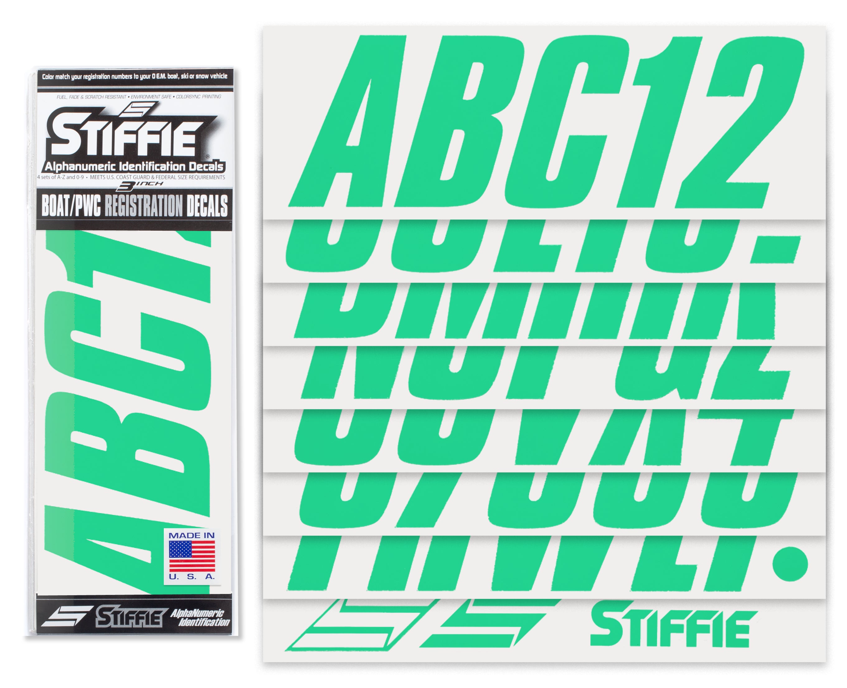 STIFFIE Shift Sea Foam Green 3" ID Kit Alpha-Numeric Registration Identification Numbers Stickers Decals for Boats & Personal Watercraft