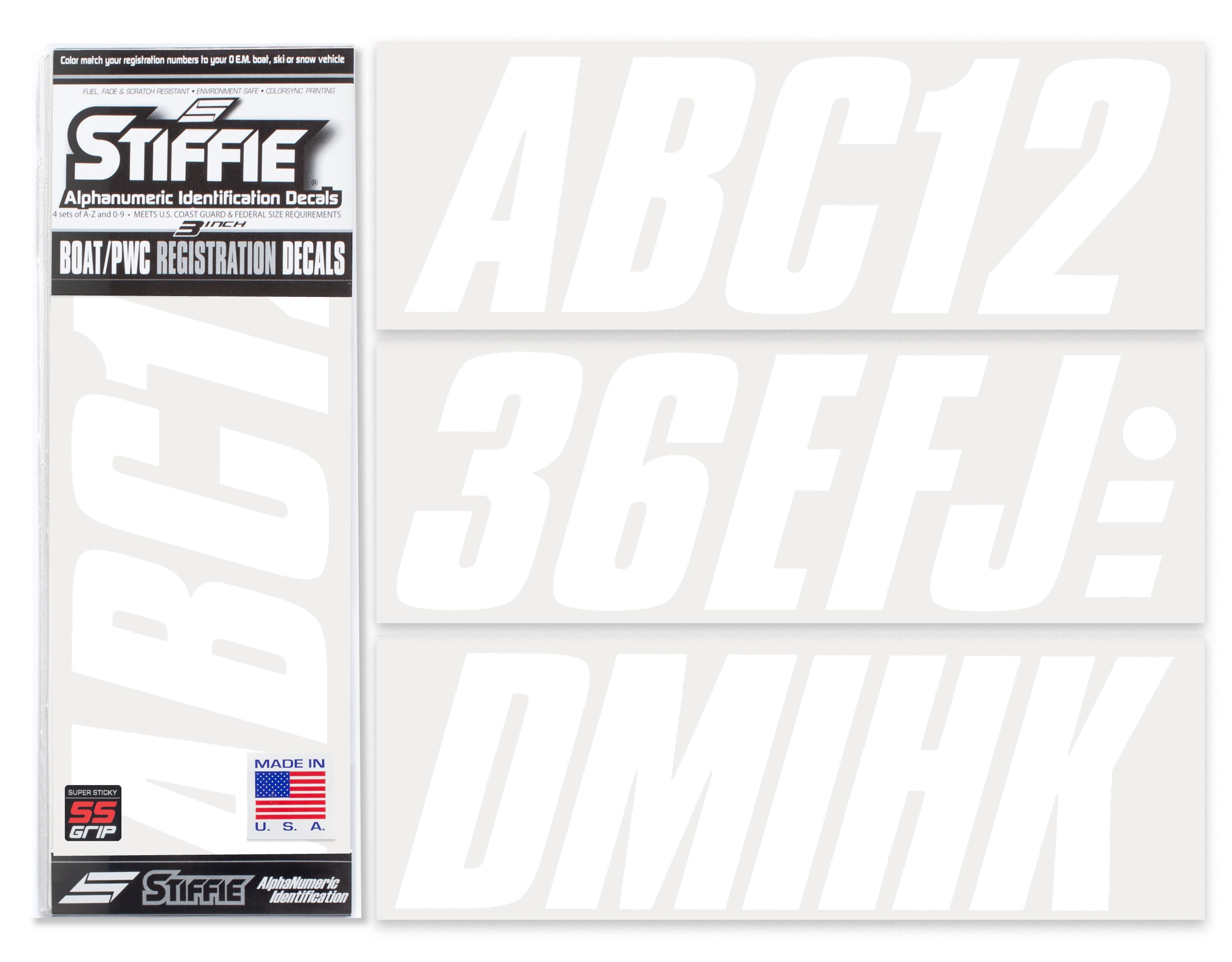 STIFFIE Shift White Super Sticky 3" Alpha Numeric Registration Identification Numbers Stickers Decals for Sea-Doo Spark, Inflatable Boats, Ribs, Hypalon/PVC, PWC and Boats.