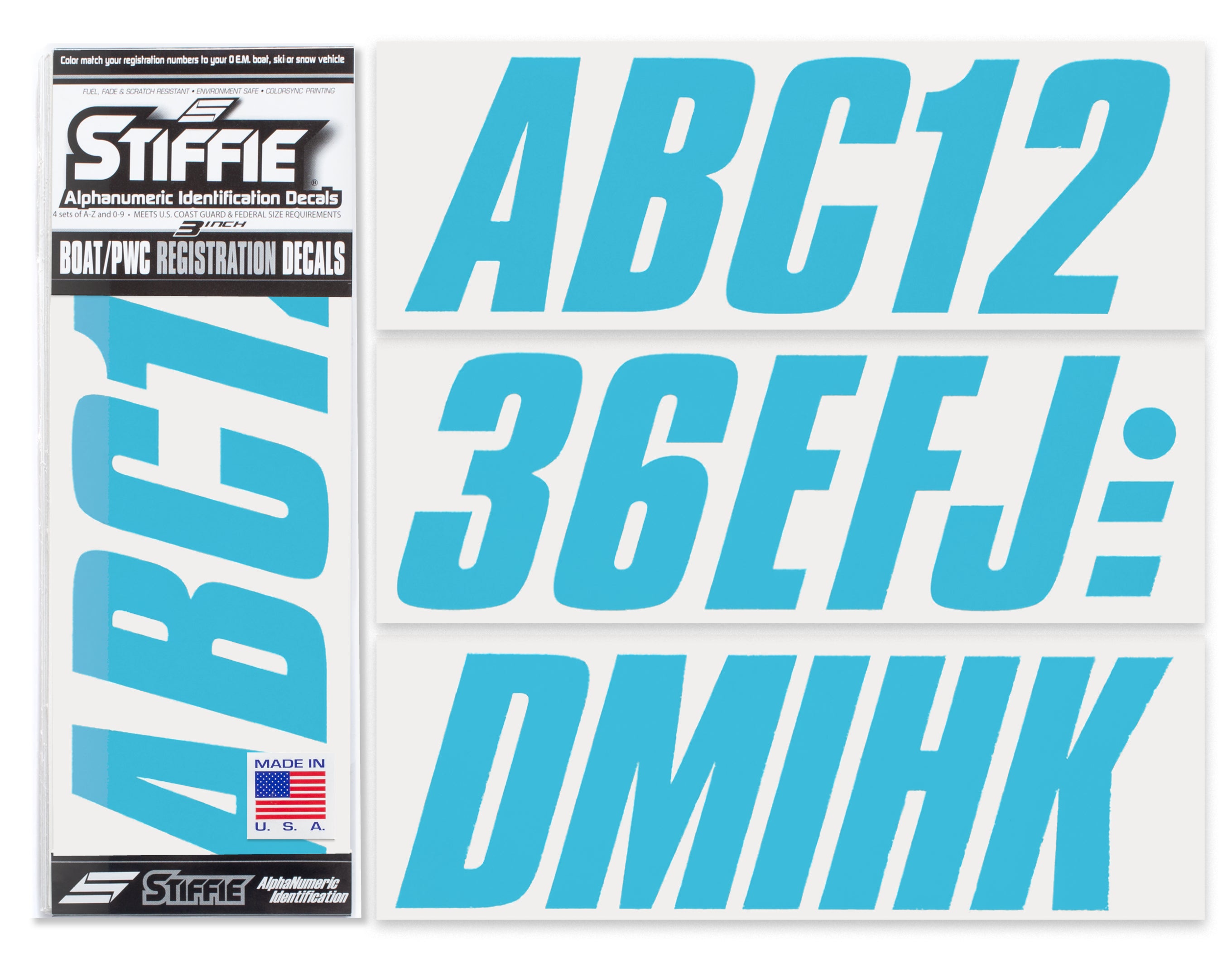 STIFFIE Shift Sky Blue 3" ID Kit Alpha-Numeric Registration Identification Numbers Stickers Decals for Boats & Personal Watercraft