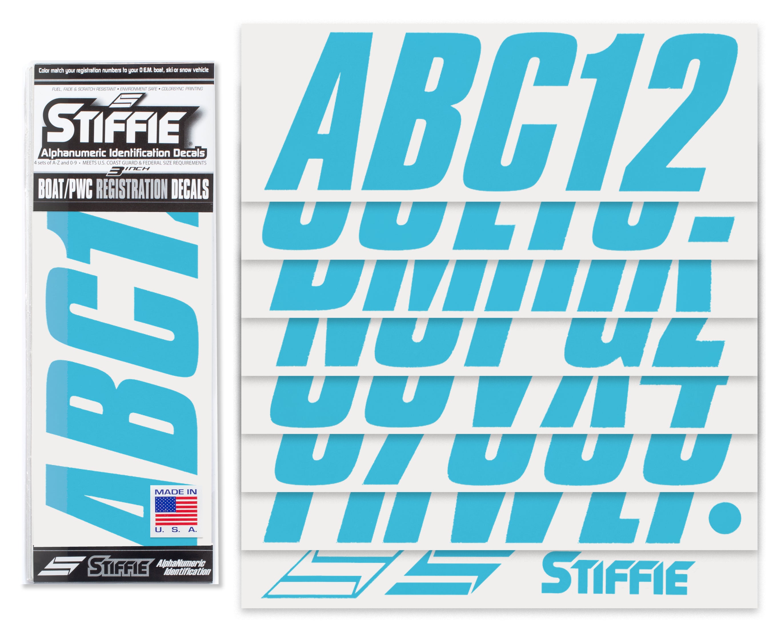 STIFFIE Shift Sky Blue 3" ID Kit Alpha-Numeric Registration Identification Numbers Stickers Decals for Boats & Personal Watercraft