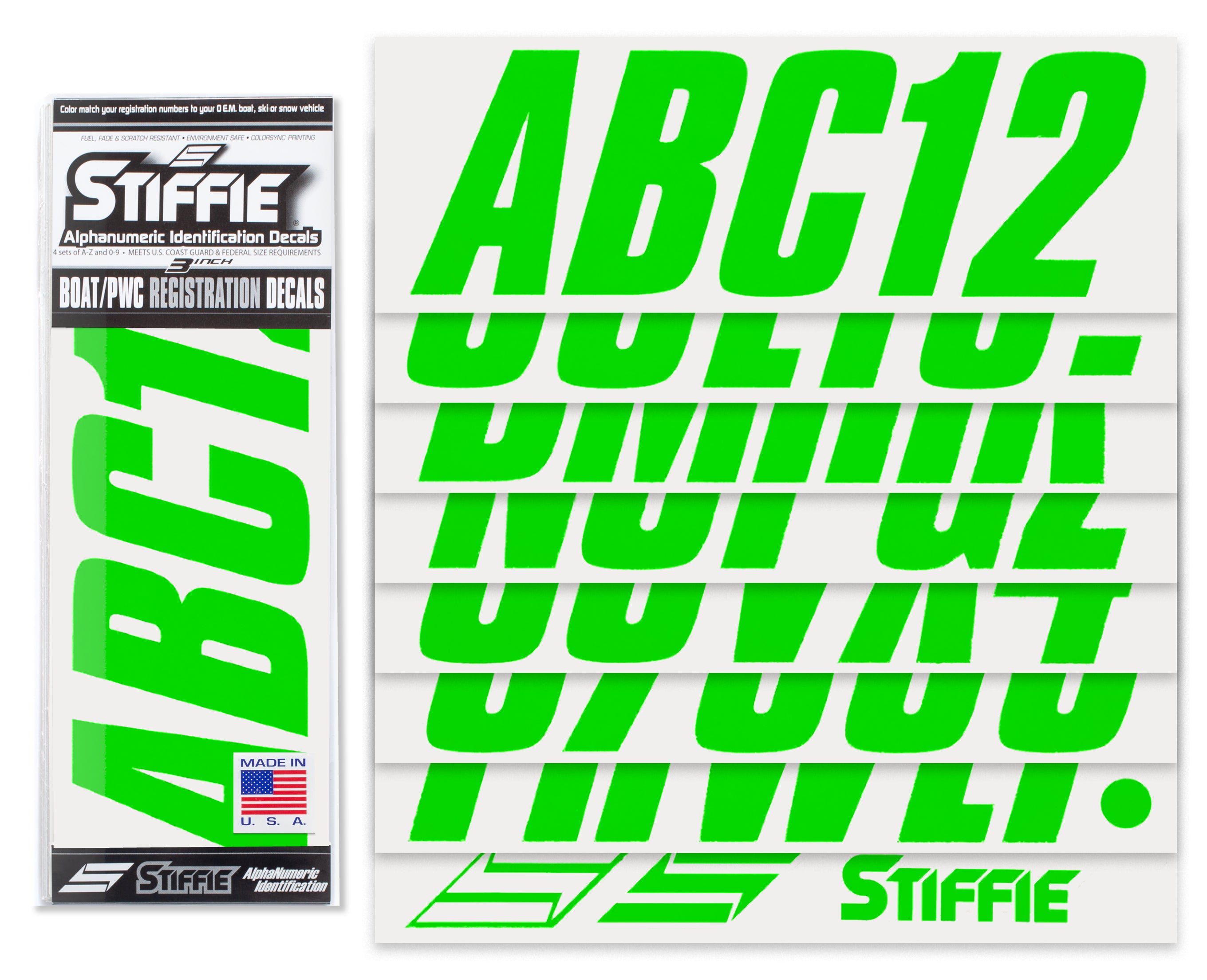 STIFFIE Shift Electric Green 3" ID Kit Alpha-Numeric Registration Identification Numbers Stickers Decals for Boats & Personal Watercraft