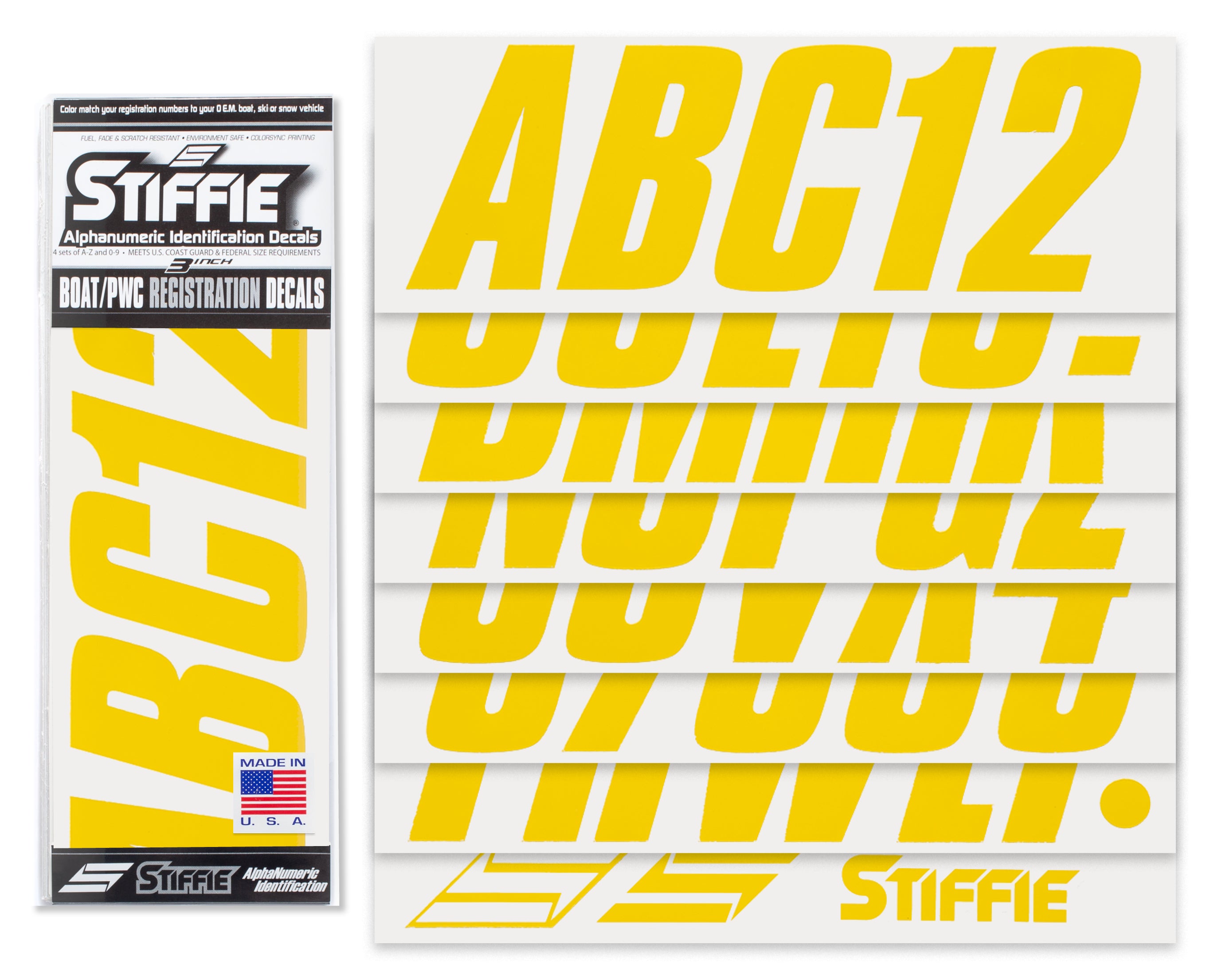 STIFFIE Shift Yellow 3" ID Kit Alpha-Numeric Registration Identification Numbers Stickers Decals for Boats & Personal Watercraft