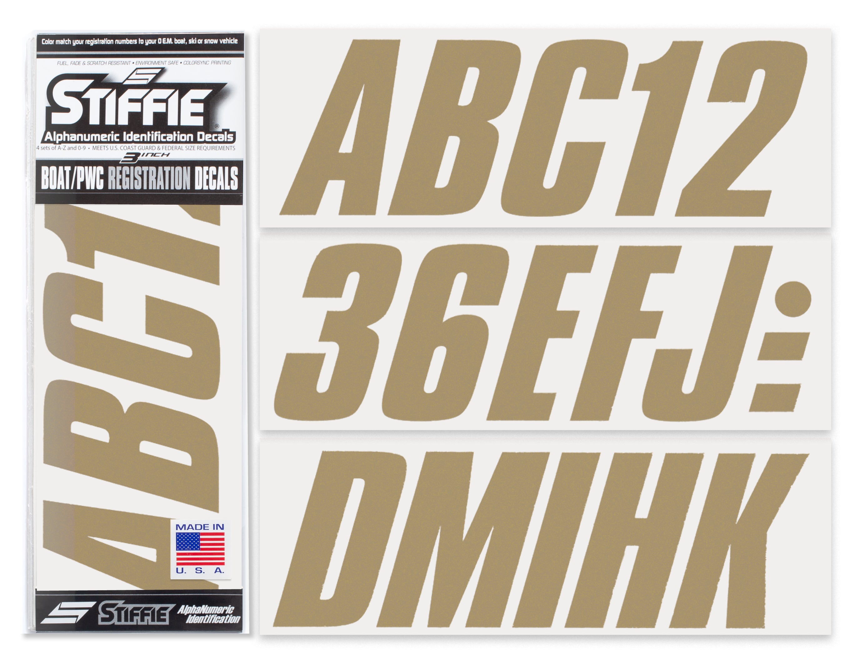 STIFFIE Shift Metallic Gold 3" ID Kit Alpha-Numeric Registration Identification Numbers Stickers Decals for Boats & Personal Watercraft