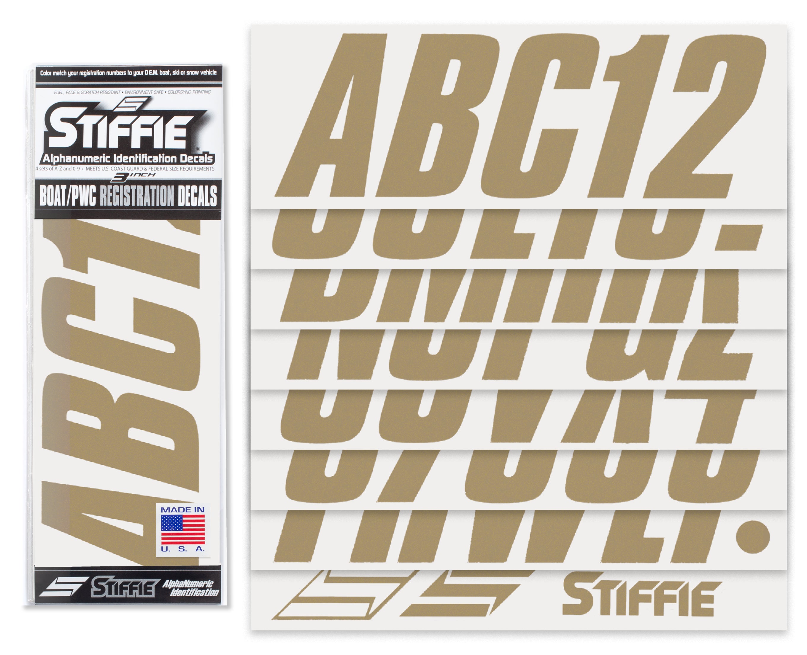 STIFFIE Shift Metallic Gold 3" ID Kit Alpha-Numeric Registration Identification Numbers Stickers Decals for Boats & Personal Watercraft