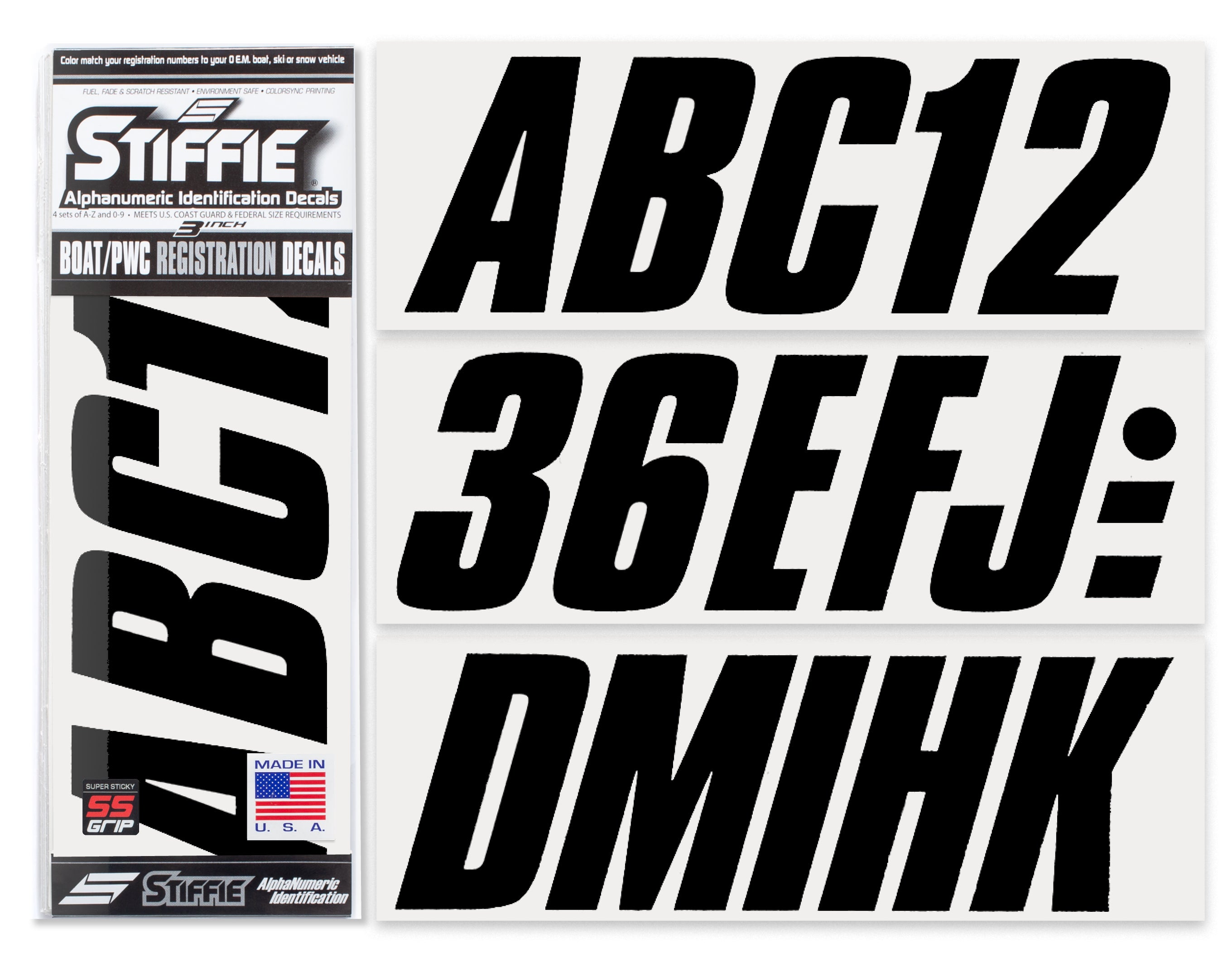 STIFFIE Shift Black Super Sticky 3" Alpha Numeric Registration Identification Numbers Stickers Decals for Sea-Doo Spark, Inflatable Boats, Ribs, Hypalon/PVC, PWC and Boats.