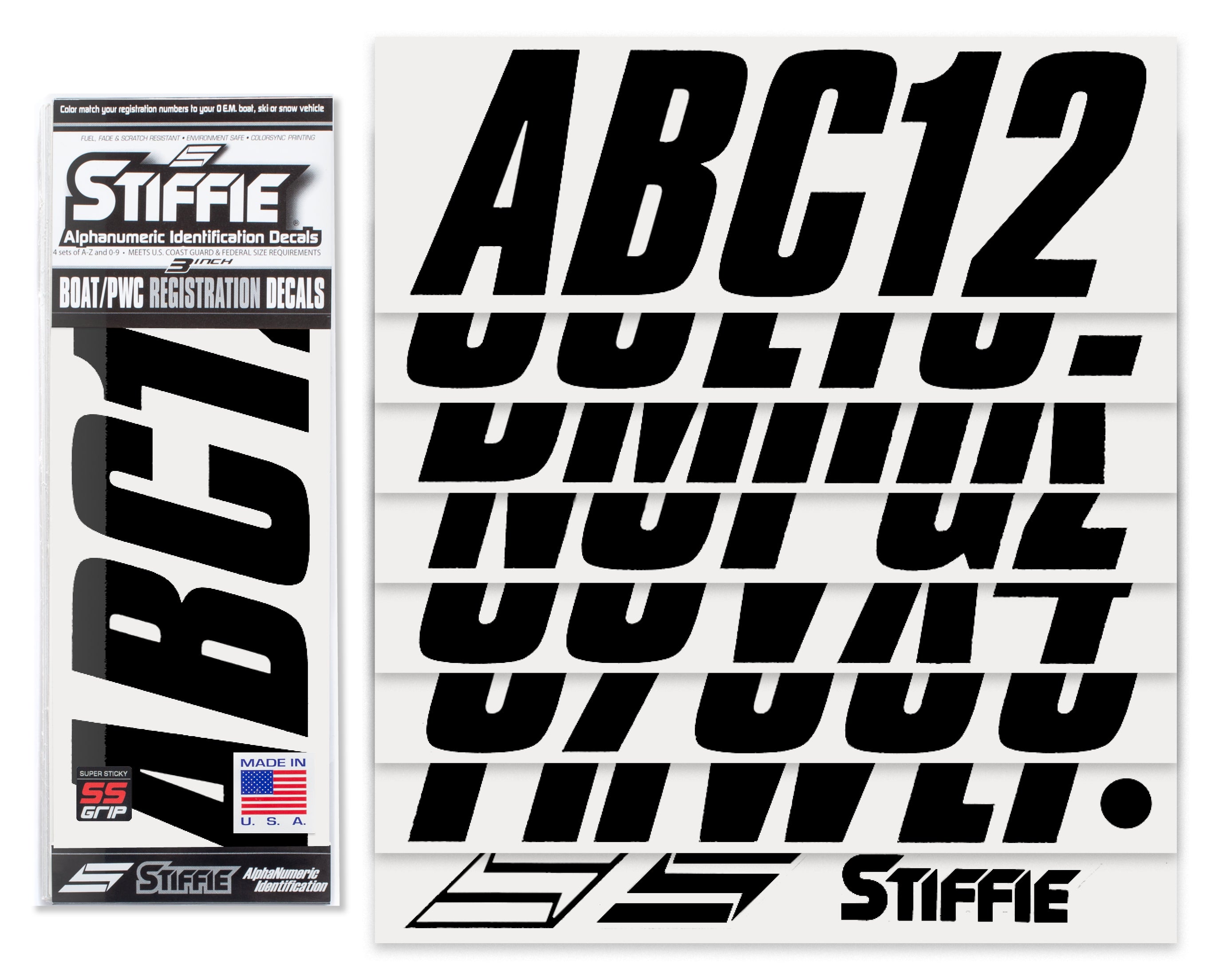 STIFFIE Shift Black Super Sticky 3" Alpha Numeric Registration Identification Numbers Stickers Decals for Sea-Doo Spark, Inflatable Boats, Ribs, Hypalon/PVC, PWC and Boats.