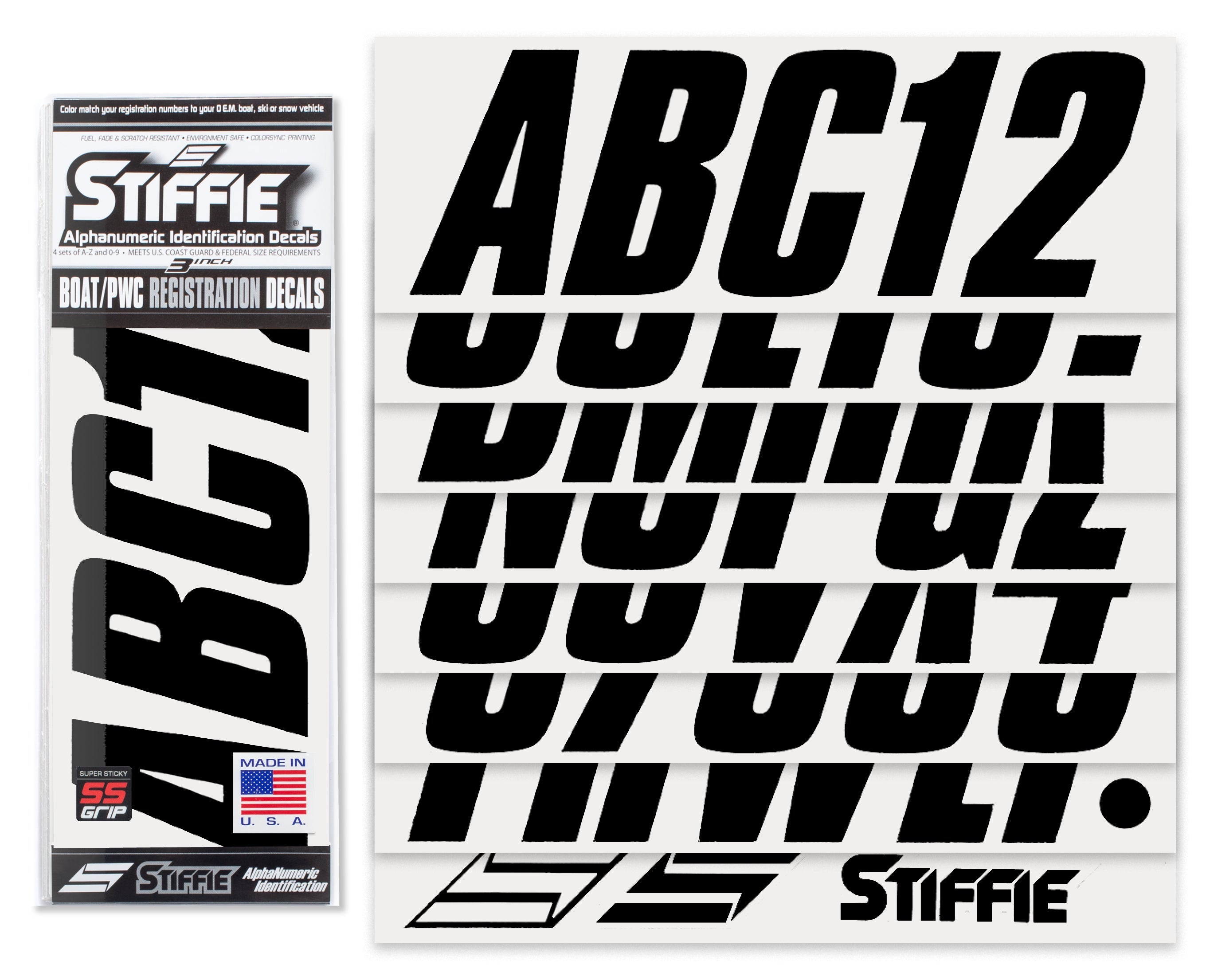 Stiffie Whip-One Black Super Sticky 3" Alpha Numeric Registration Identification Numbers Stickers Decals for Sea-Doo Spark, Inflatable Boats, Ribs, Hypalon/PVC, PWC and Boats