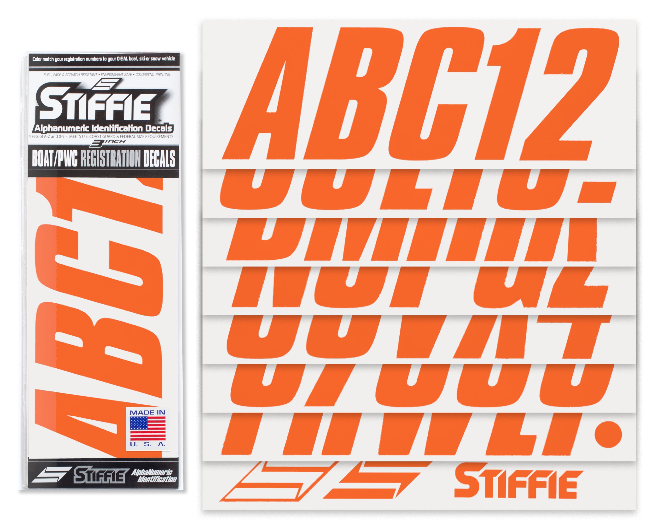 STIFFIE Shift Orange 3" ID Kit Alpha-Numeric Registration Identification Numbers Stickers Decals for Boats & Personal Watercraft