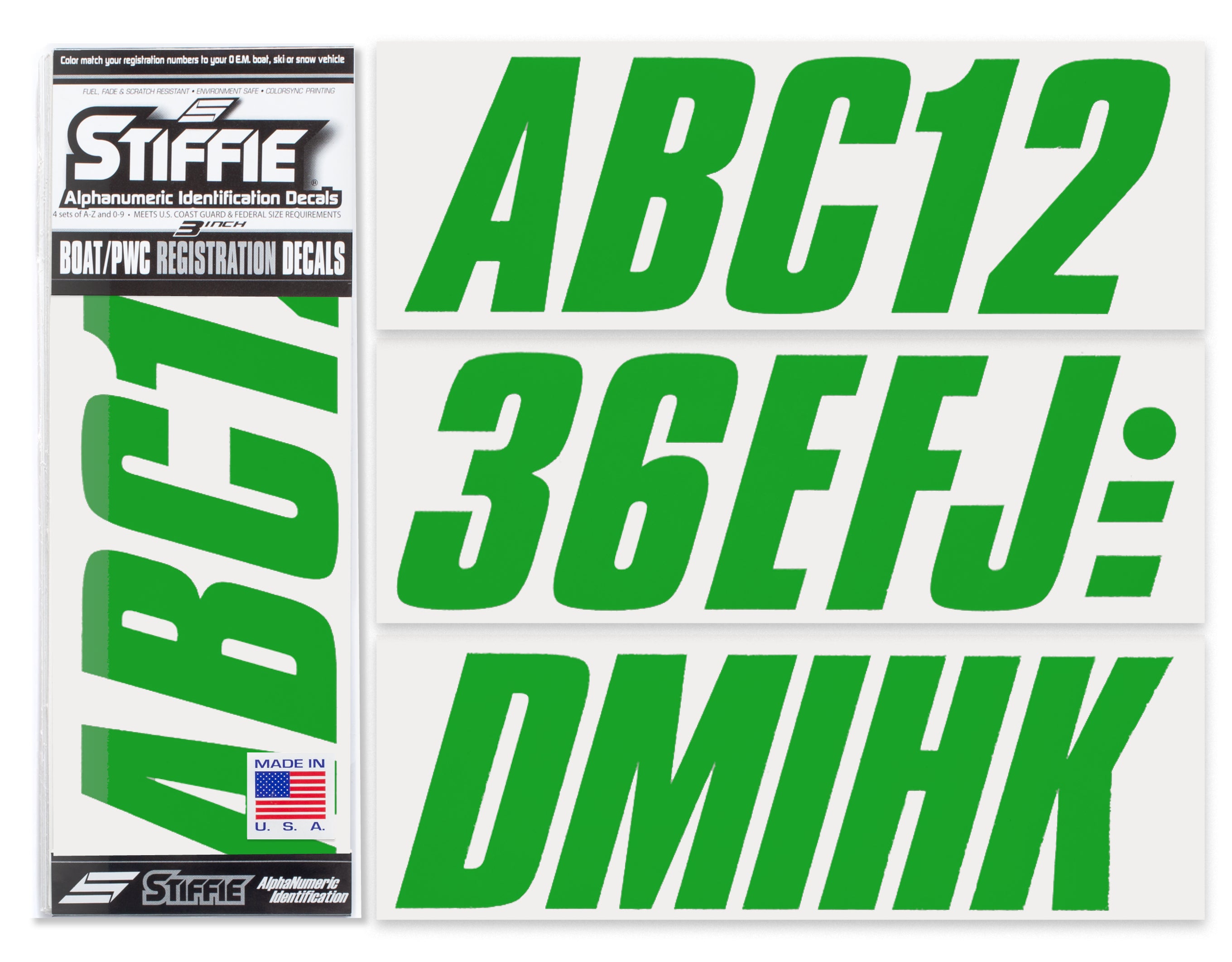 STIFFIE Shift Green 3" ID Kit Alpha-Numeric Registration Identification Numbers Stickers Decals for Boats & Personal Watercraft