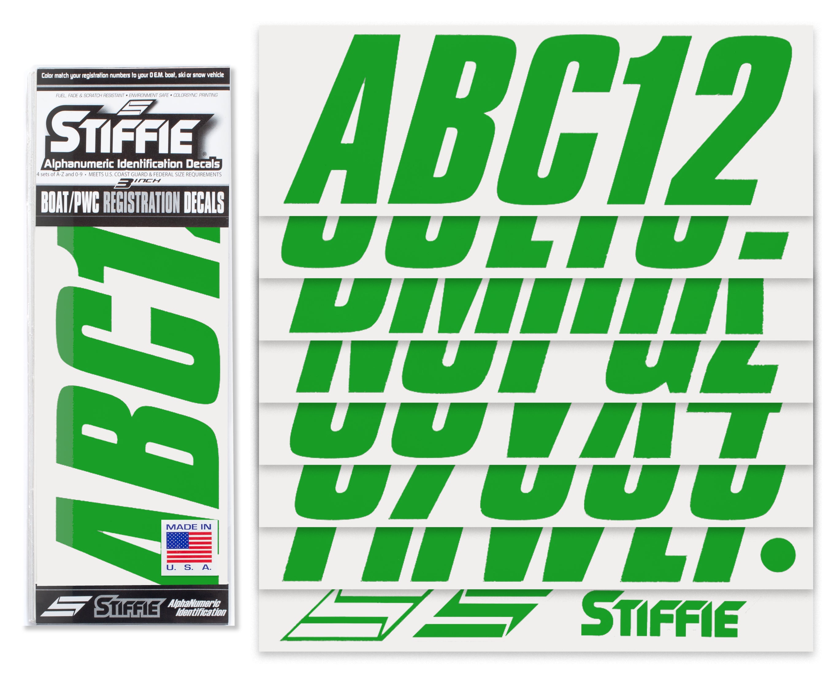 STIFFIE Shift Green 3" ID Kit Alpha-Numeric Registration Identification Numbers Stickers Decals for Boats & Personal Watercraft