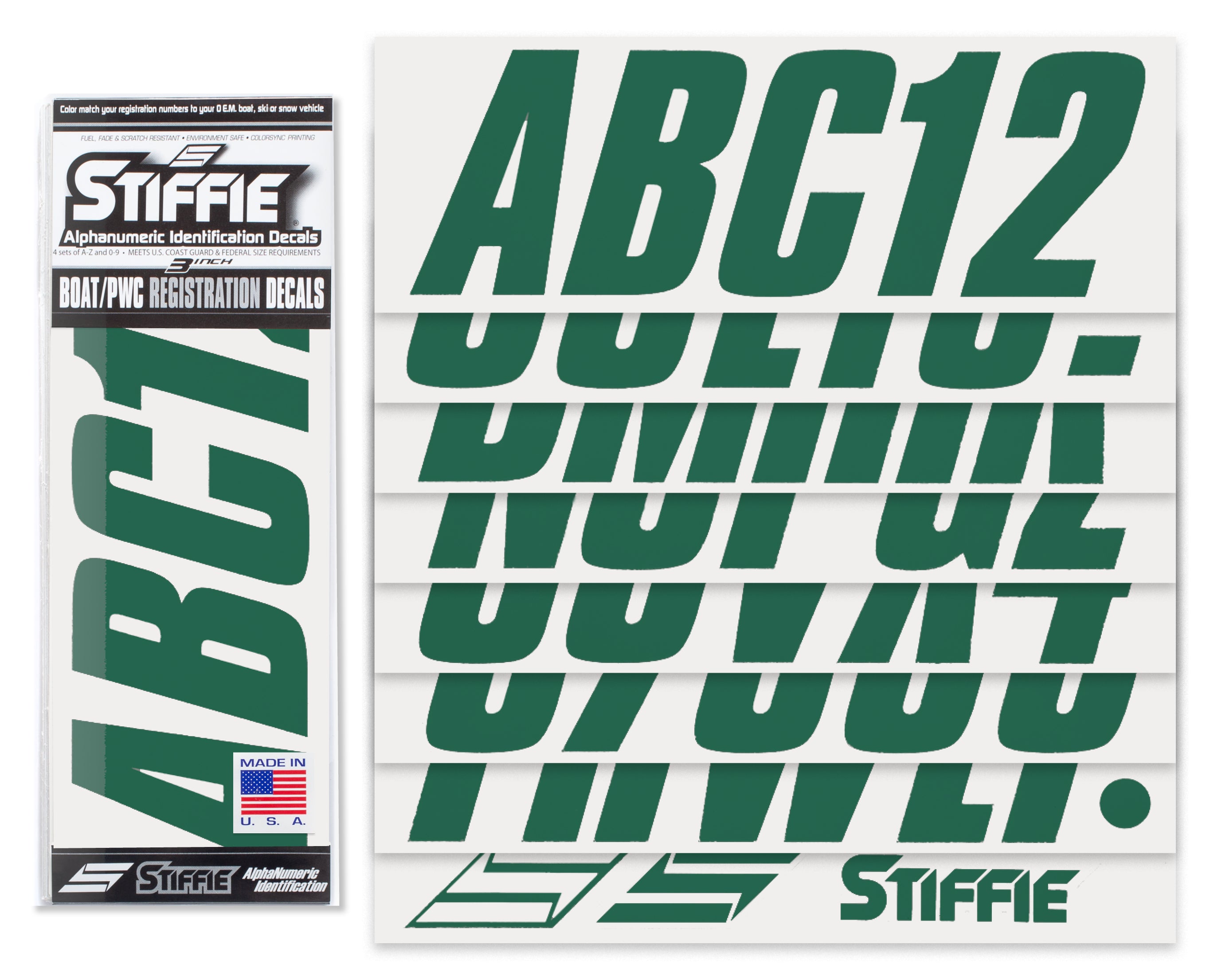 STIFFIE Shift Racing Green 3" ID Kit Alpha-Numeric Registration Identification Numbers Stickers Decals for Boats & Personal Watercraft