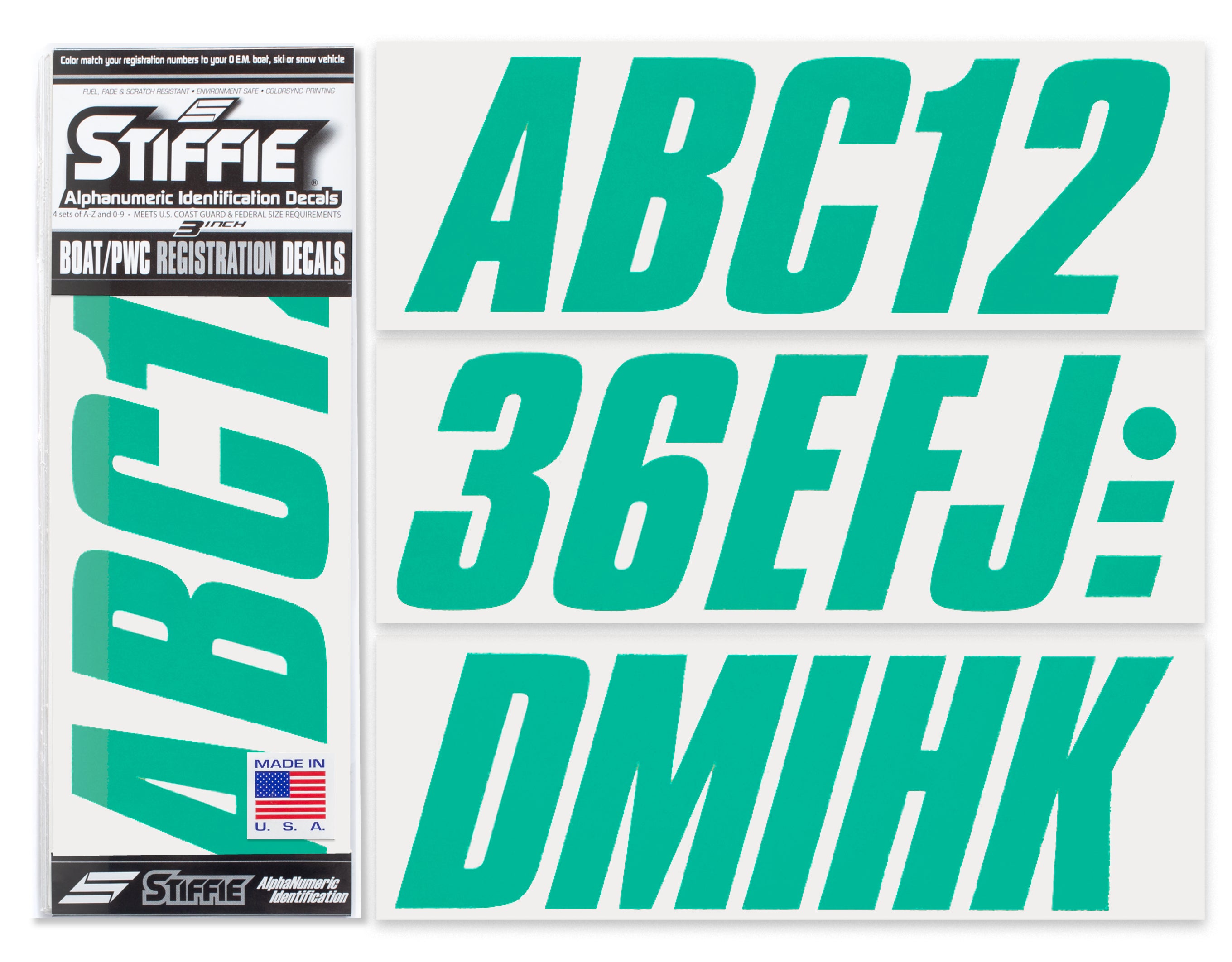 STIFFIE Shift Sea Teal 3" ID Kit Alpha-Numeric Registration Identification Numbers Stickers Decals for Boats & Personal Watercraft
