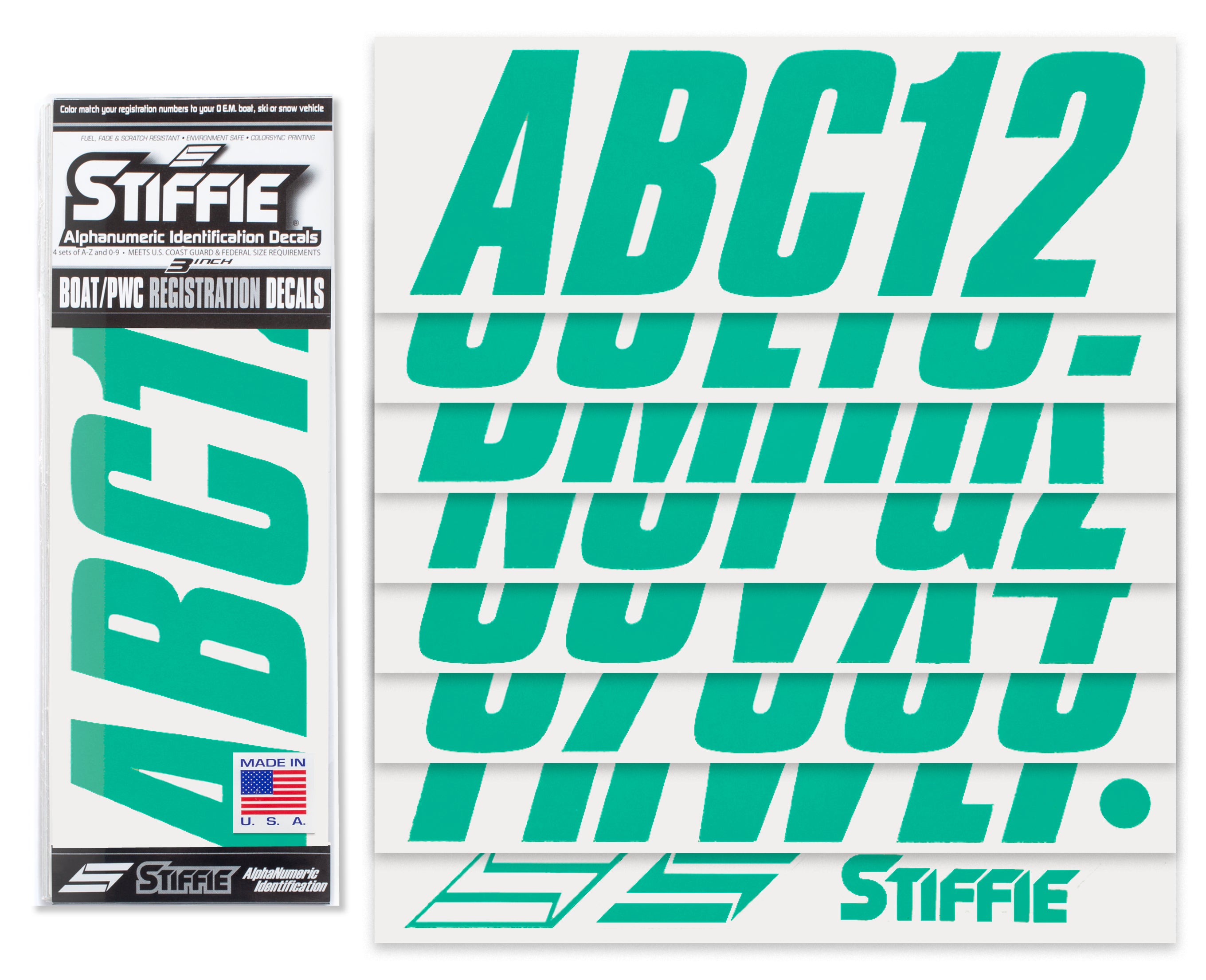 STIFFIE Shift Sea Teal 3" ID Kit Alpha-Numeric Registration Identification Numbers Stickers Decals for Boats & Personal Watercraft