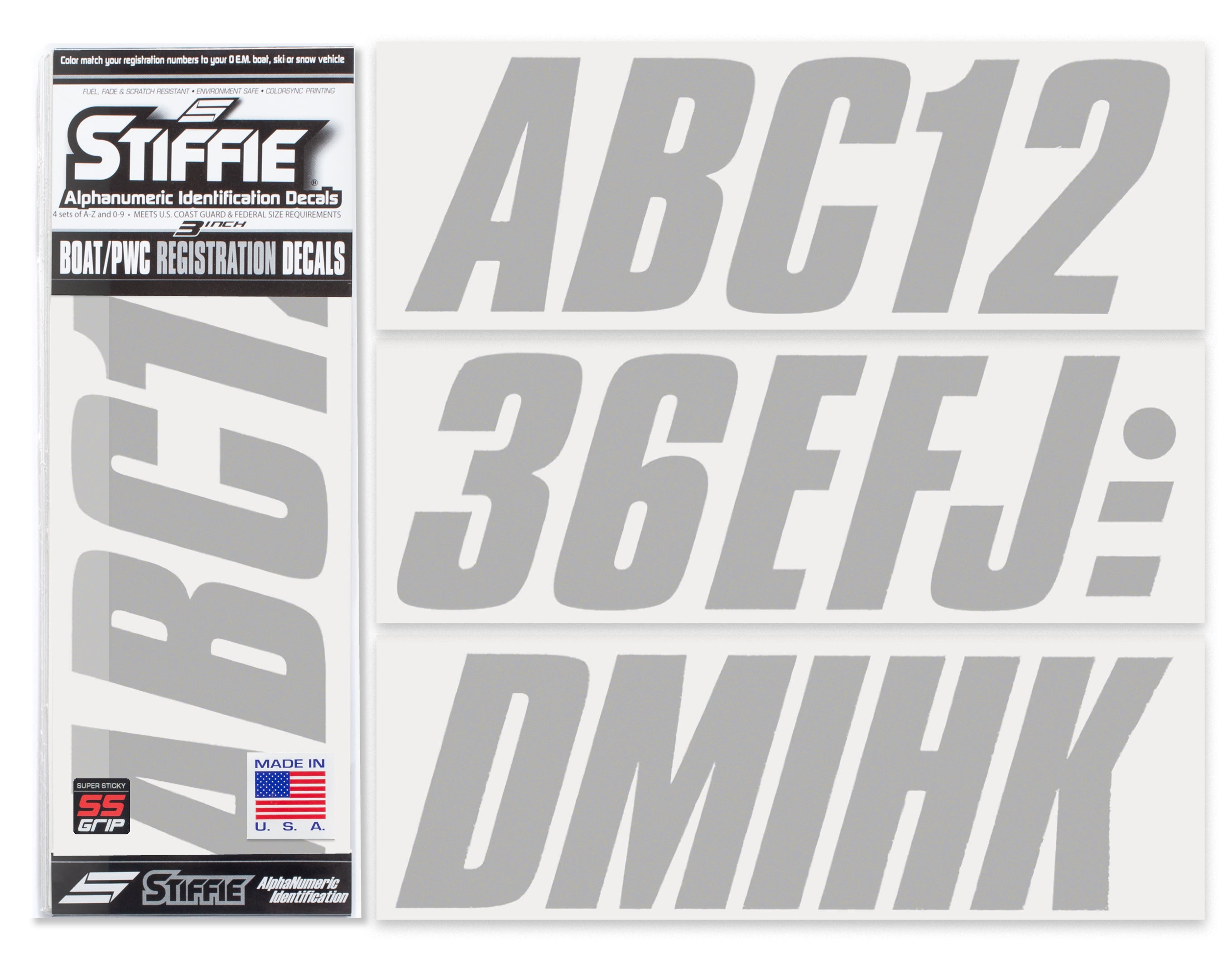 STIFFIE Shift Silver Super Sticky 3" Alpha Numeric Registration Identification Numbers Stickers Decals for Sea-Doo Spark, Inflatable Boats, Ribs, Hypalon/PVC, PWC and Boats.