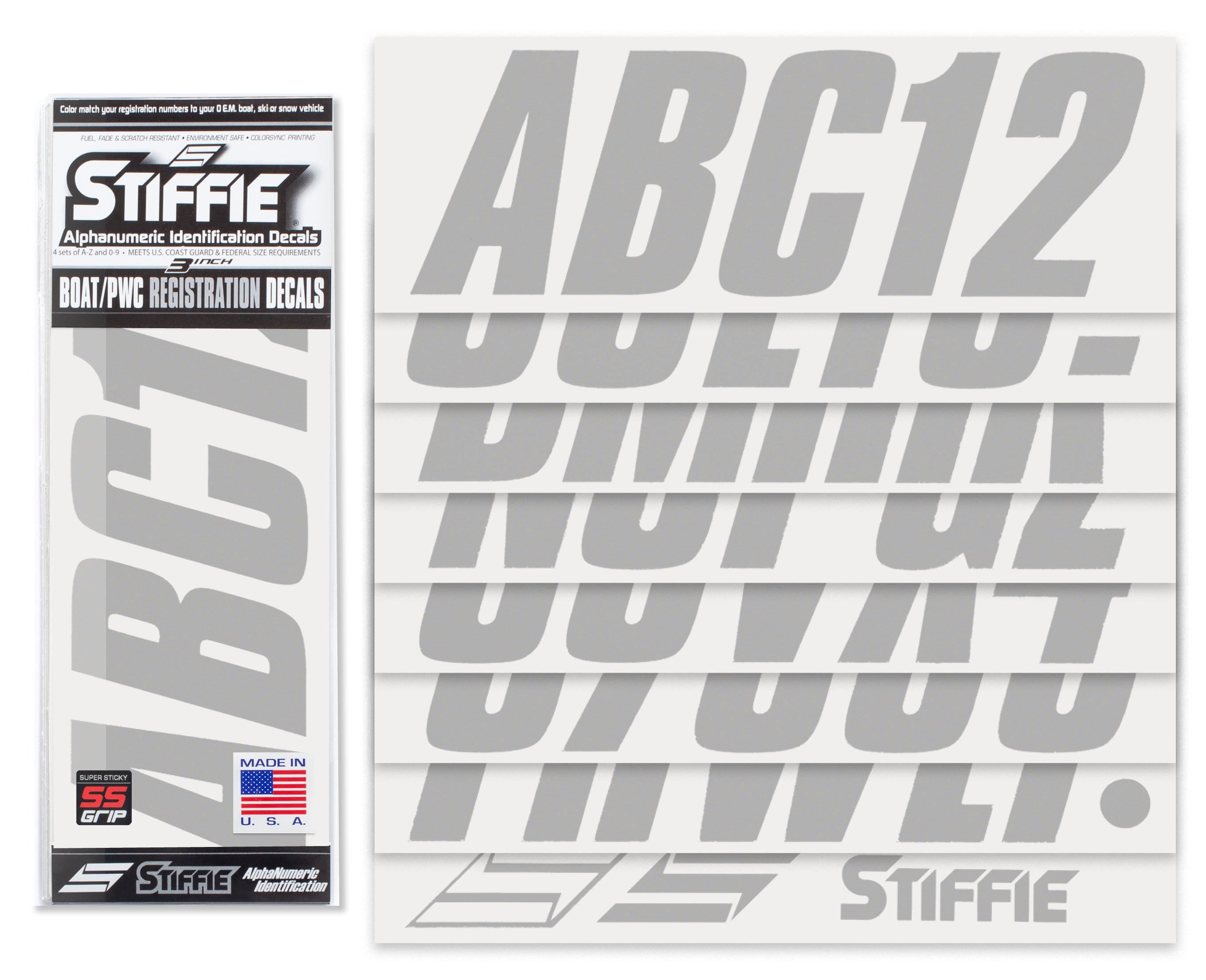 STIFFIE Shift Silver Super Sticky 3" Alpha Numeric Registration Identification Numbers Stickers Decals for Sea-Doo Spark, Inflatable Boats, Ribs, Hypalon/PVC, PWC and Boats.