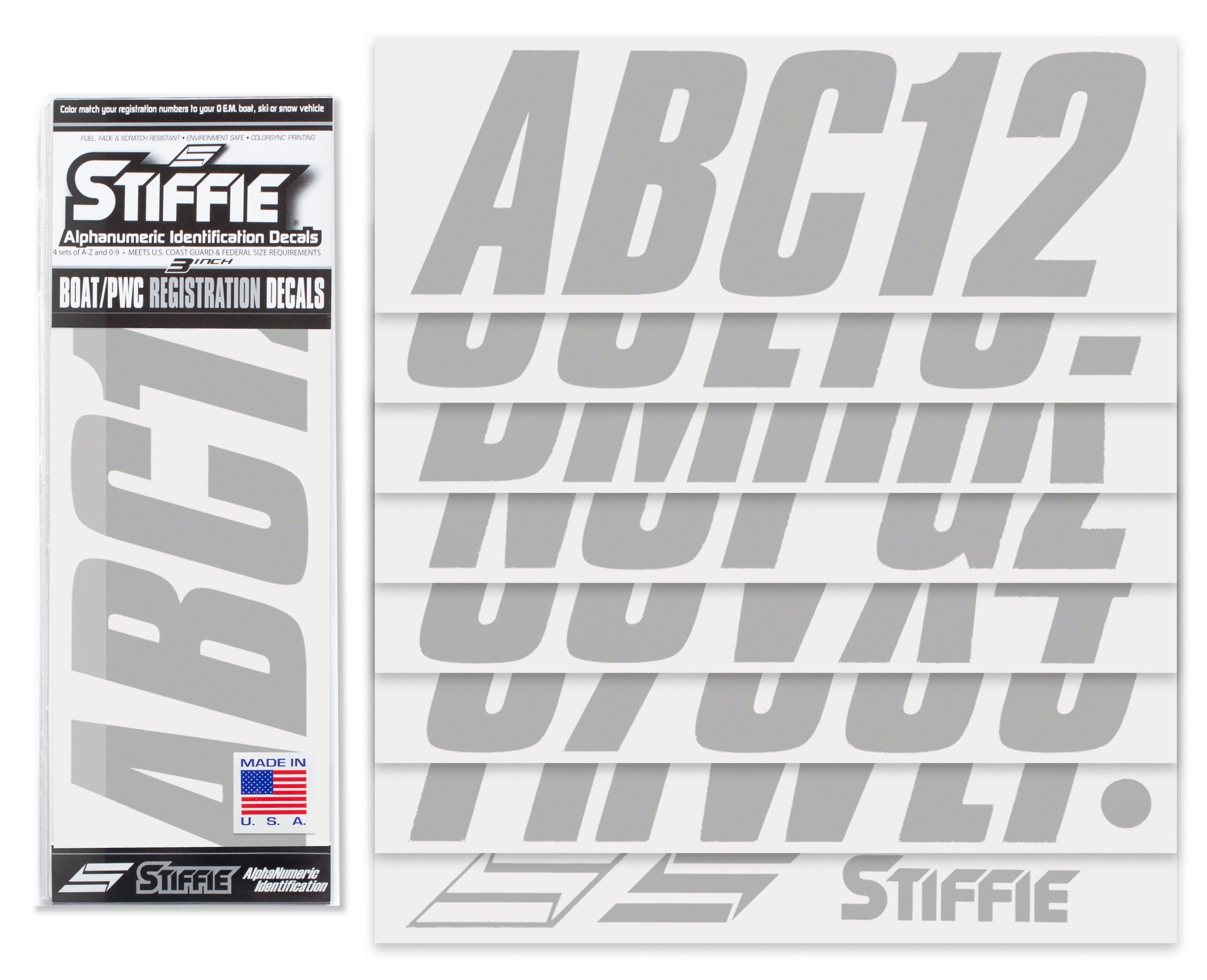 STIFFIE Shift Silver 3" ID Kit Alpha-Numeric Registration Identification Numbers Stickers Decals for Boats & Personal Watercraft