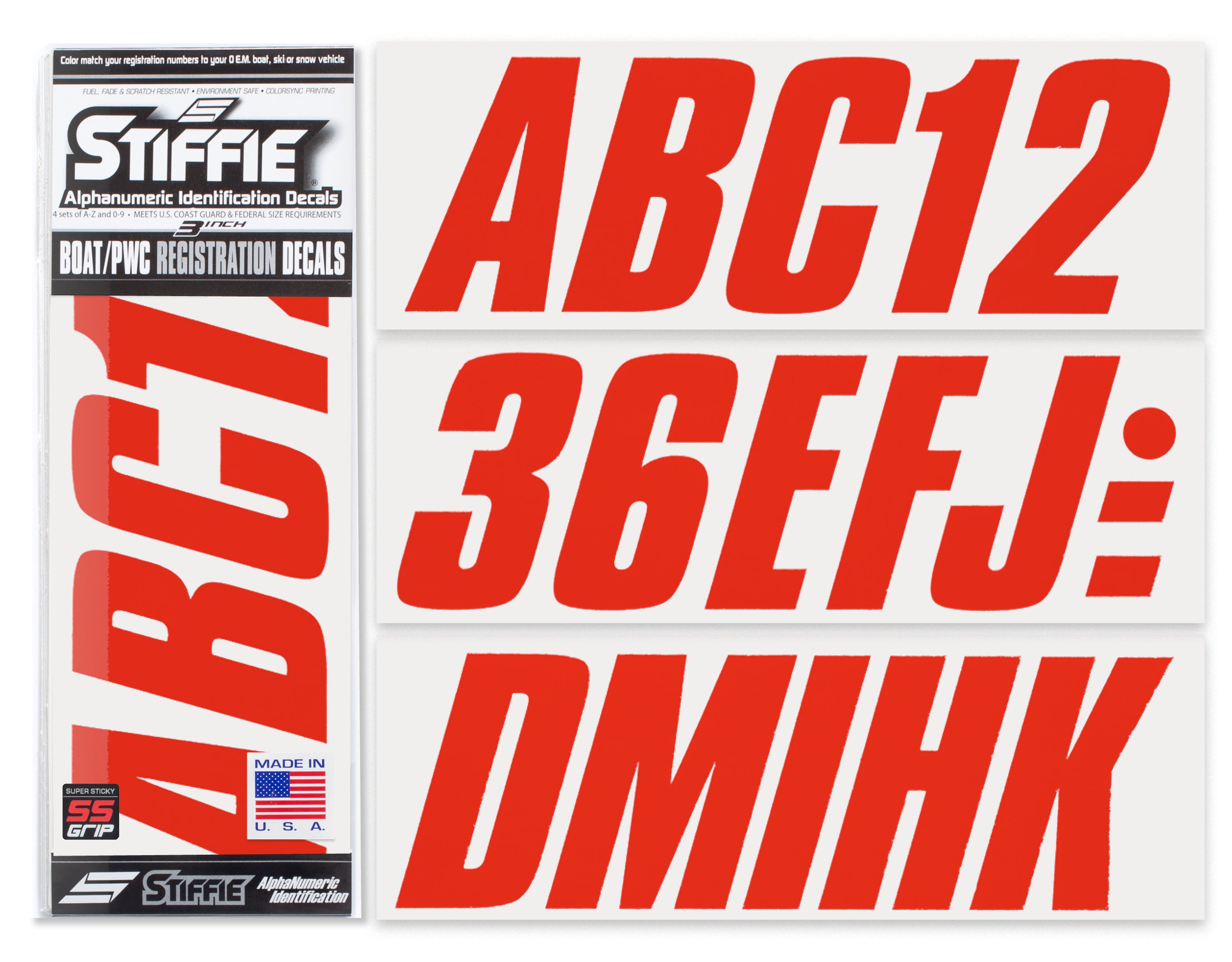 STIFFIE Shift Lava Red Super Sticky 3" Alpha Numeric Registration Identification Numbers Stickers Decals for Sea-Doo Spark, Inflatable Boats, Ribs, Hypalon/PVC, PWC and Boats.