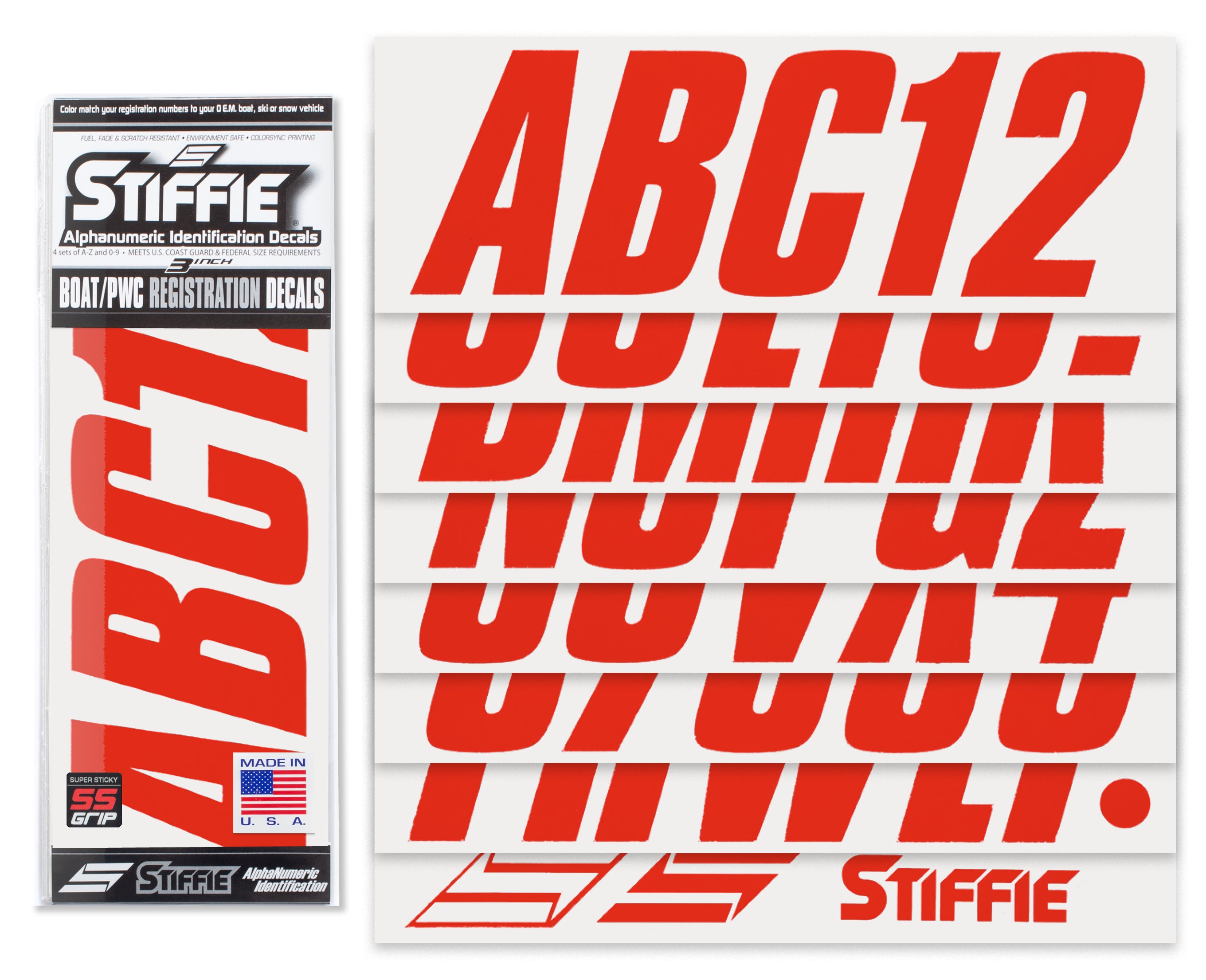 STIFFIE Shift Lava Red Super Sticky 3" Alpha Numeric Registration Identification Numbers Stickers Decals for Sea-Doo Spark, Inflatable Boats, Ribs, Hypalon/PVC, PWC and Boats.