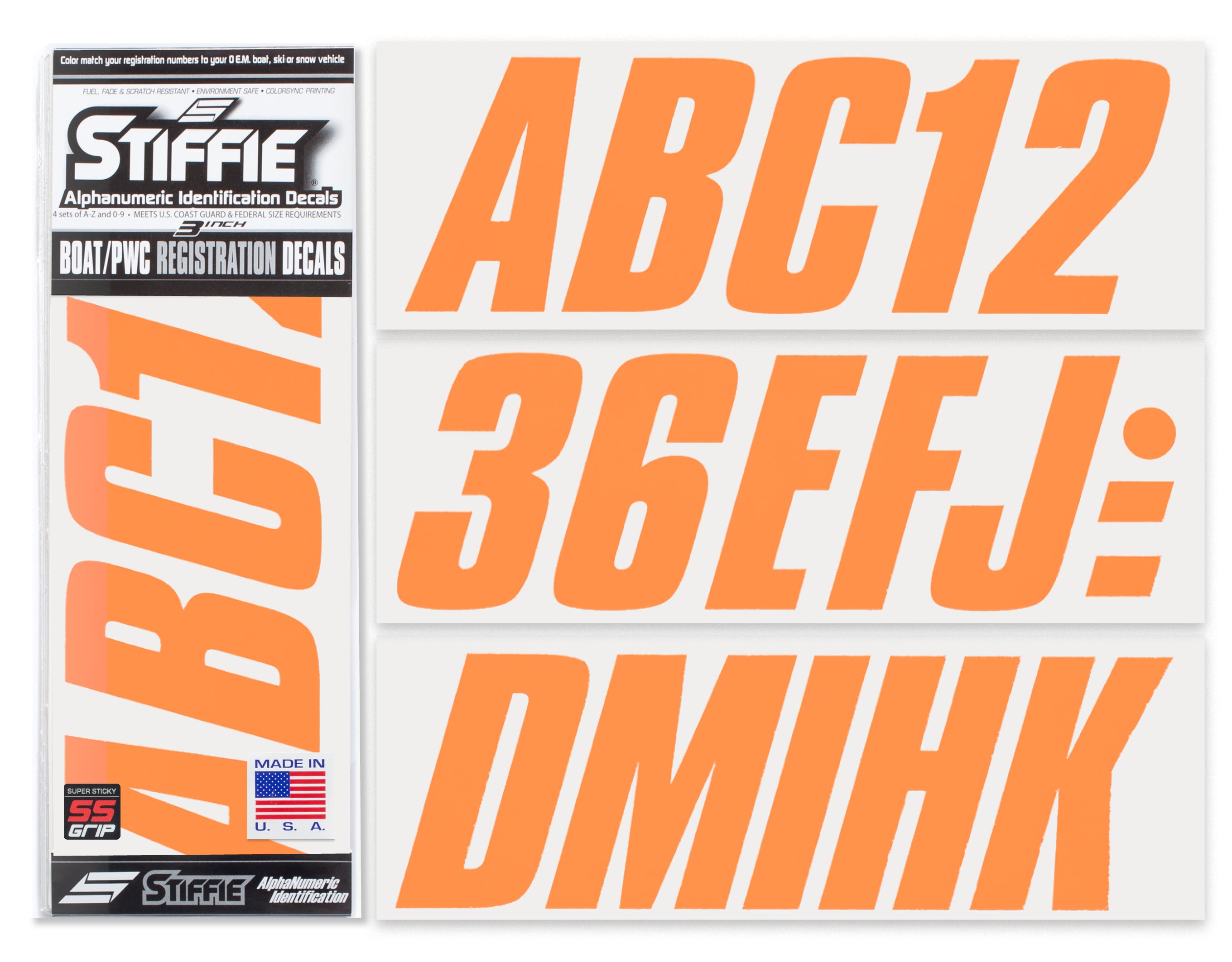 STIFFIE Shift Orange Crush Super Sticky 3" Alpha Numeric Registration Identification Numbers Stickers Decals for Sea-Doo Spark, Inflatable Boats, Ribs, Hypalon/PVC, PWC and Boats.
