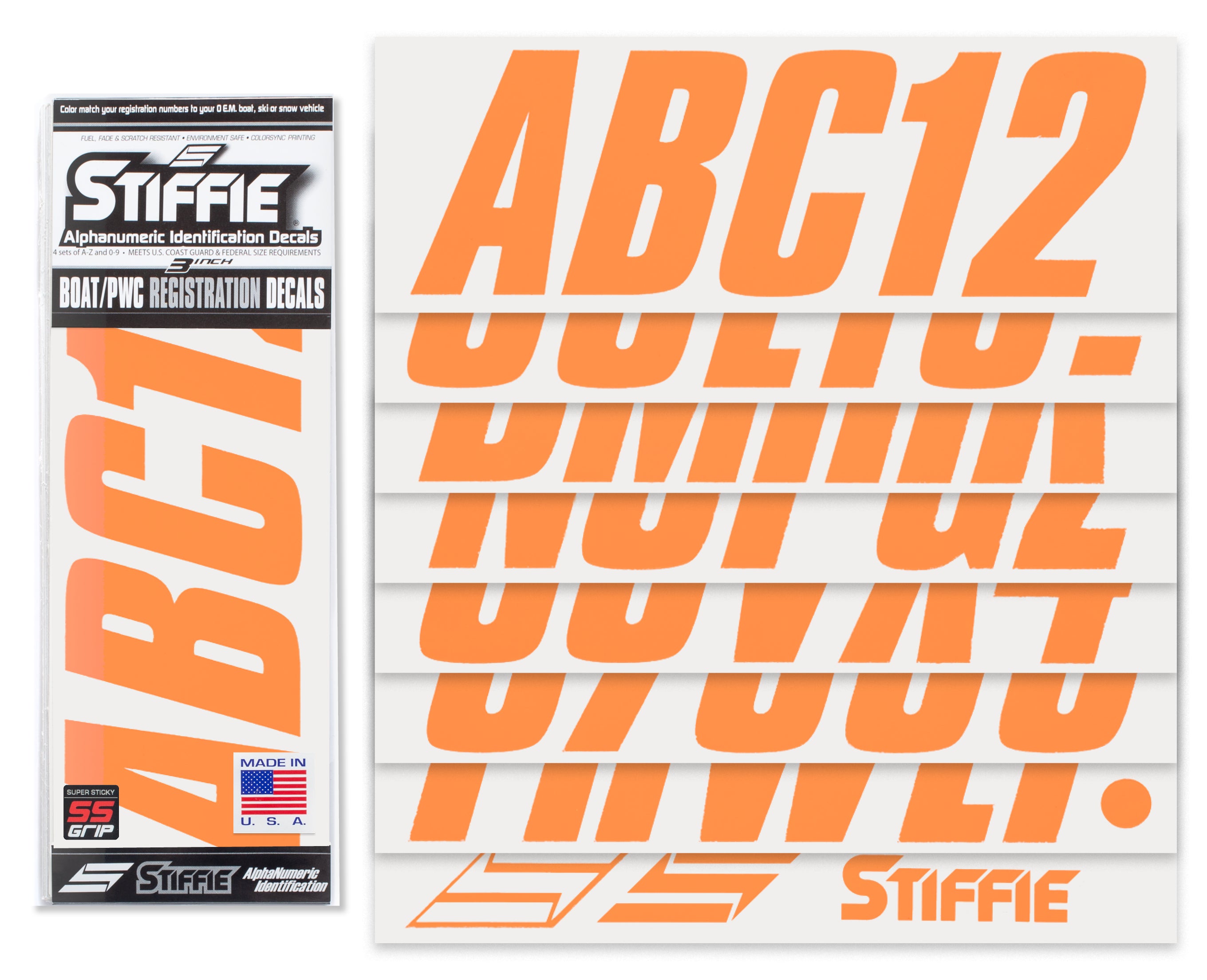 STIFFIE Shift Orange Crush Super Sticky 3" Alpha Numeric Registration Identification Numbers Stickers Decals for Sea-Doo Spark, Inflatable Boats, Ribs, Hypalon/PVC, PWC and Boats.