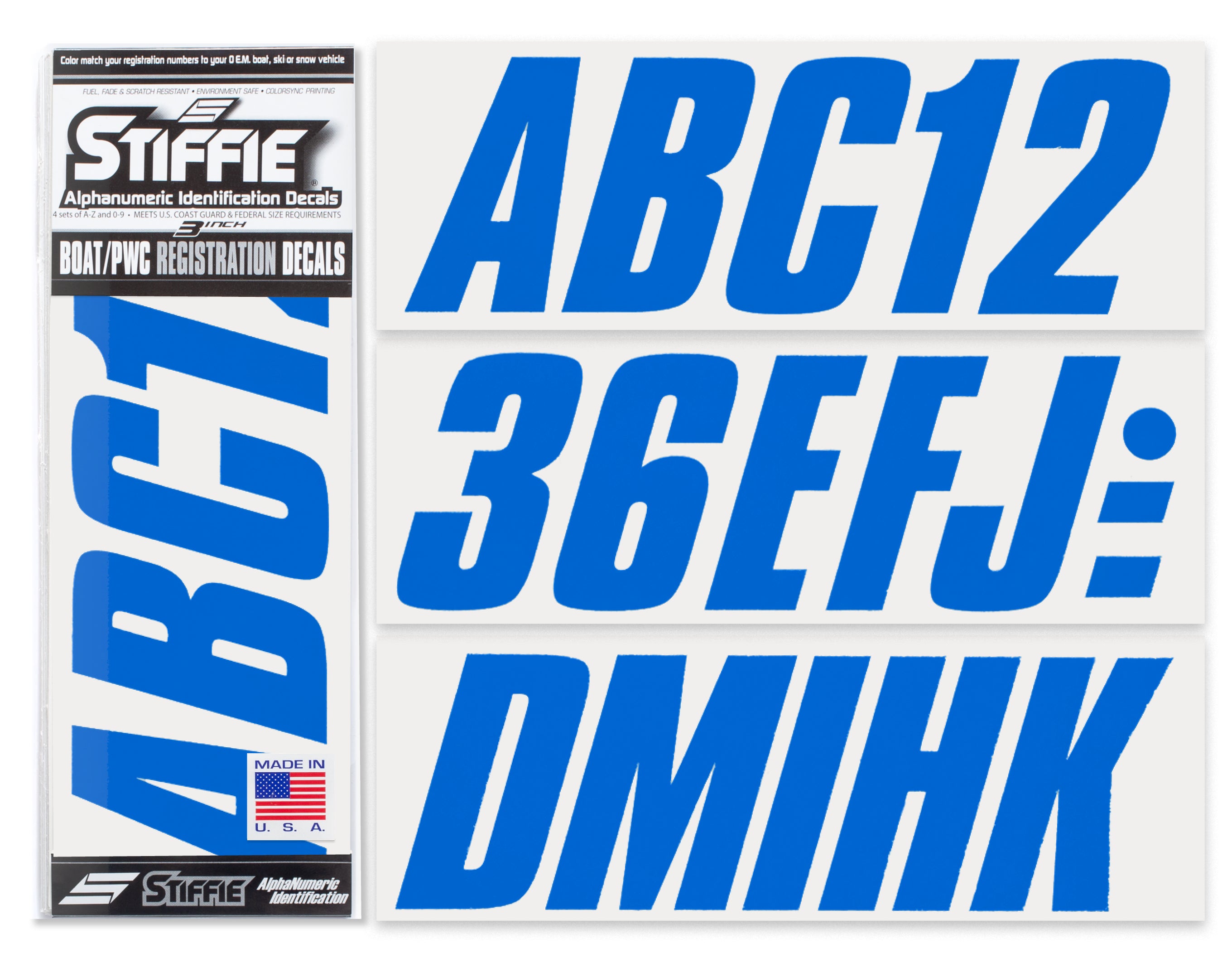 STIFFIE Shift Octane Blue 3" ID Kit Alpha-Numeric Registration Identification Numbers Stickers Decals for Boats & Personal Watercraft