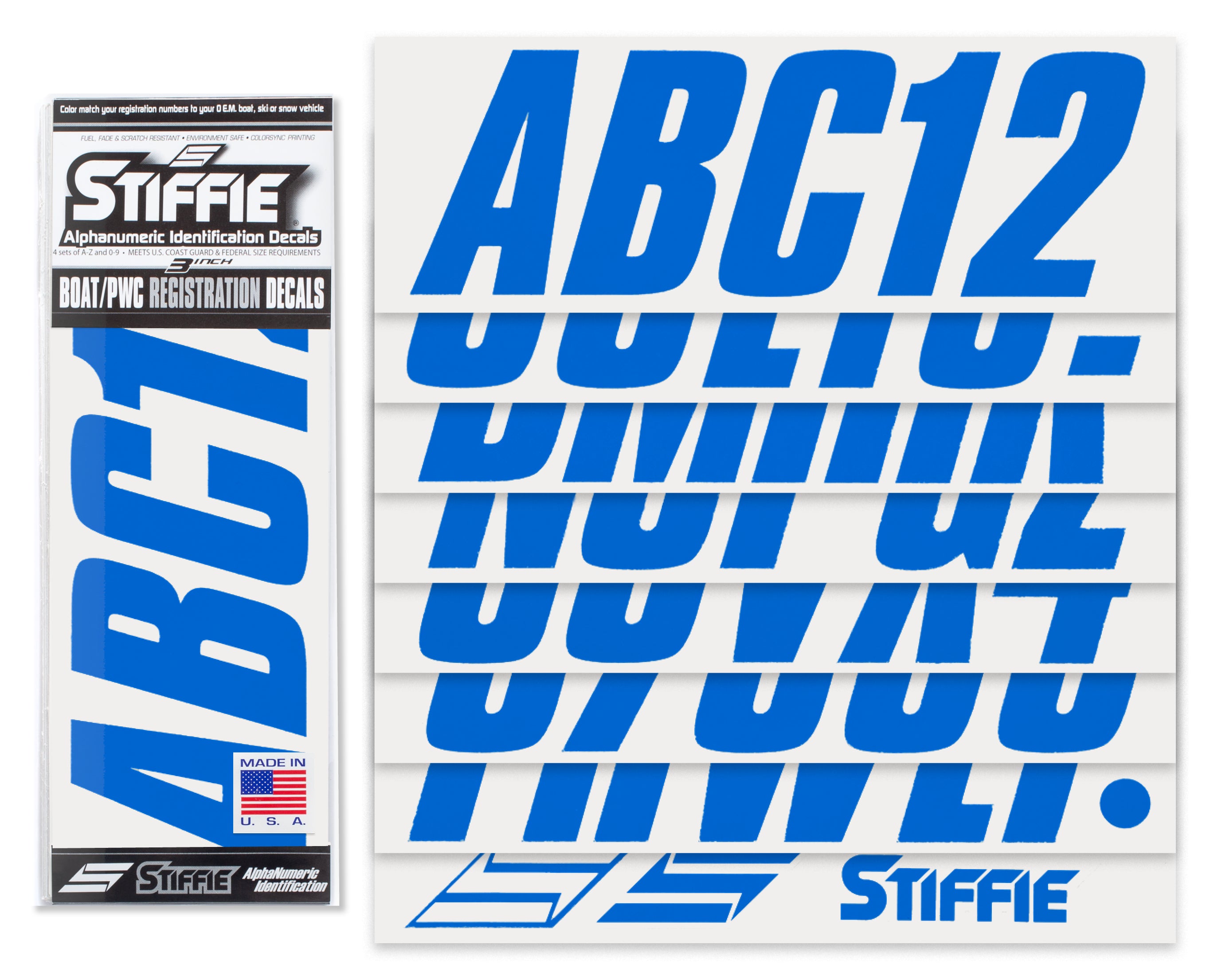 STIFFIE Shift Octane Blue 3" ID Kit Alpha-Numeric Registration Identification Numbers Stickers Decals for Boats & Personal Watercraft