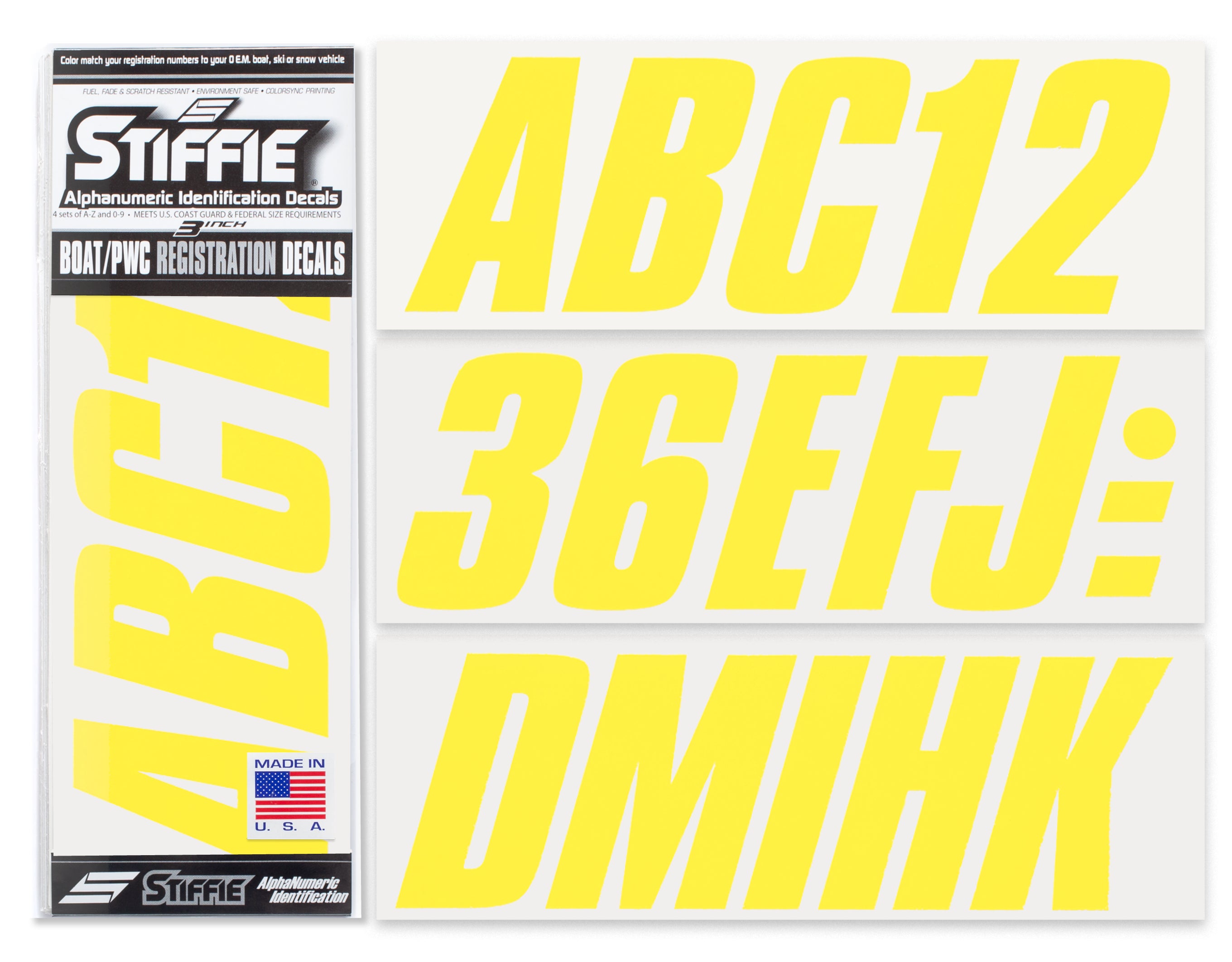 STIFFIE Shift Electric Yellow 3" ID Kit Alpha-Numeric Registration Identification Numbers Stickers Decals for Boats & Personal Watercraft