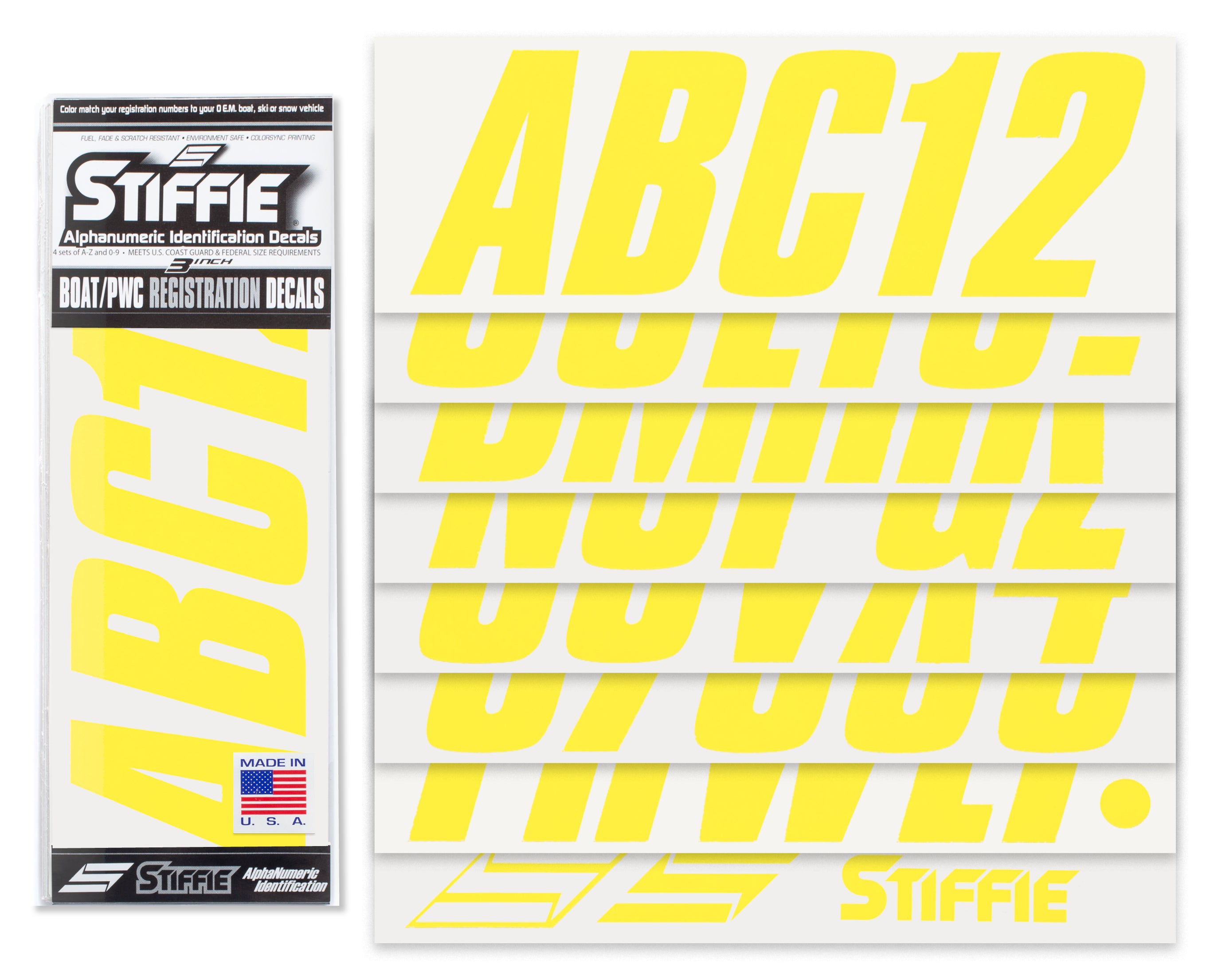 STIFFIE Shift Electric Yellow 3" ID Kit Alpha-Numeric Registration Identification Numbers Stickers Decals for Boats & Personal Watercraft