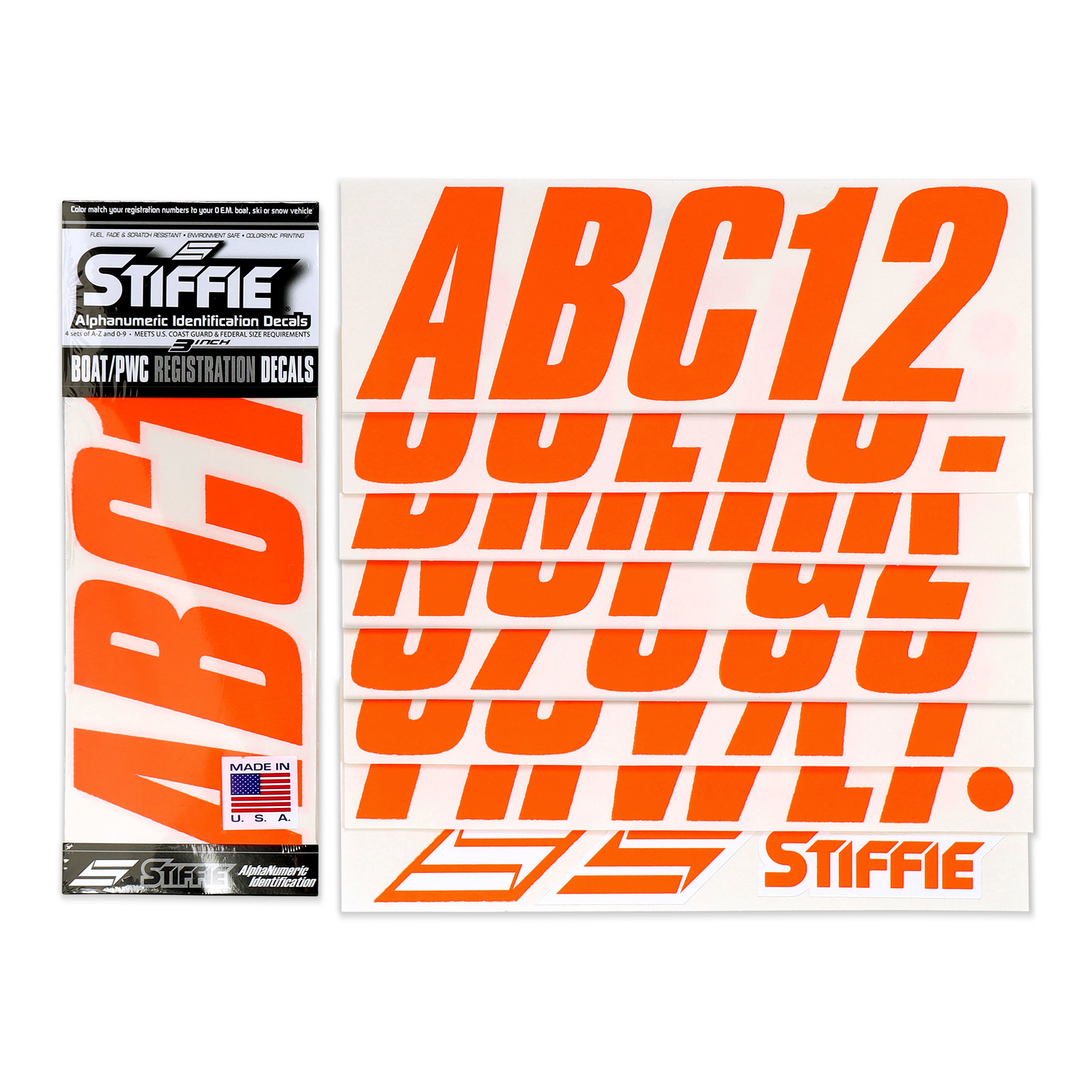STIFFIE Shift Electric Orange 3" ID Kit Alpha-Numeric Registration Identification Numbers Stickers Decals for Boats & Personal Watercraft