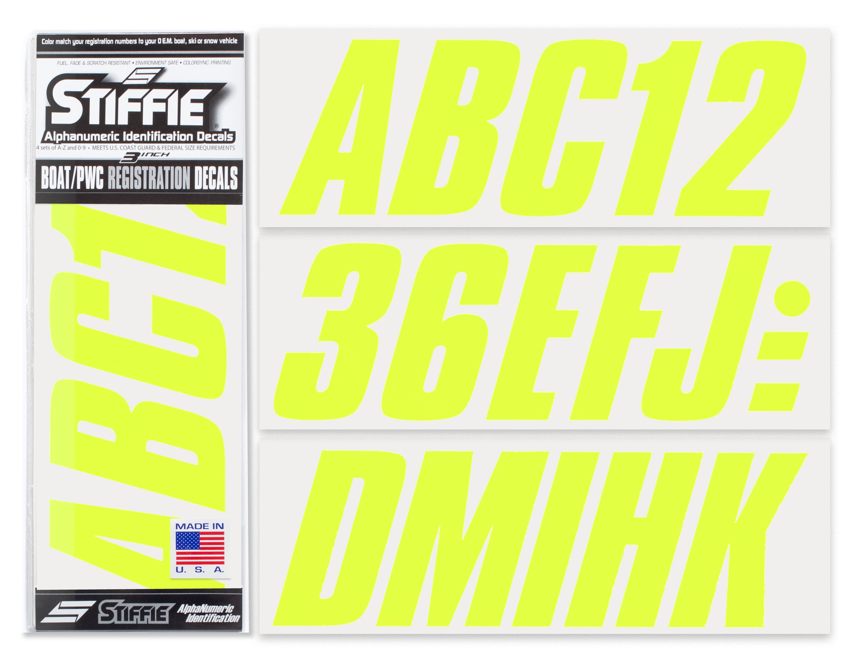 STIFFIE Shift Day Glow Yellow 3" ID Kit Alpha-Numeric Registration Identification Numbers Stickers Decals for Boats & Personal Watercraft