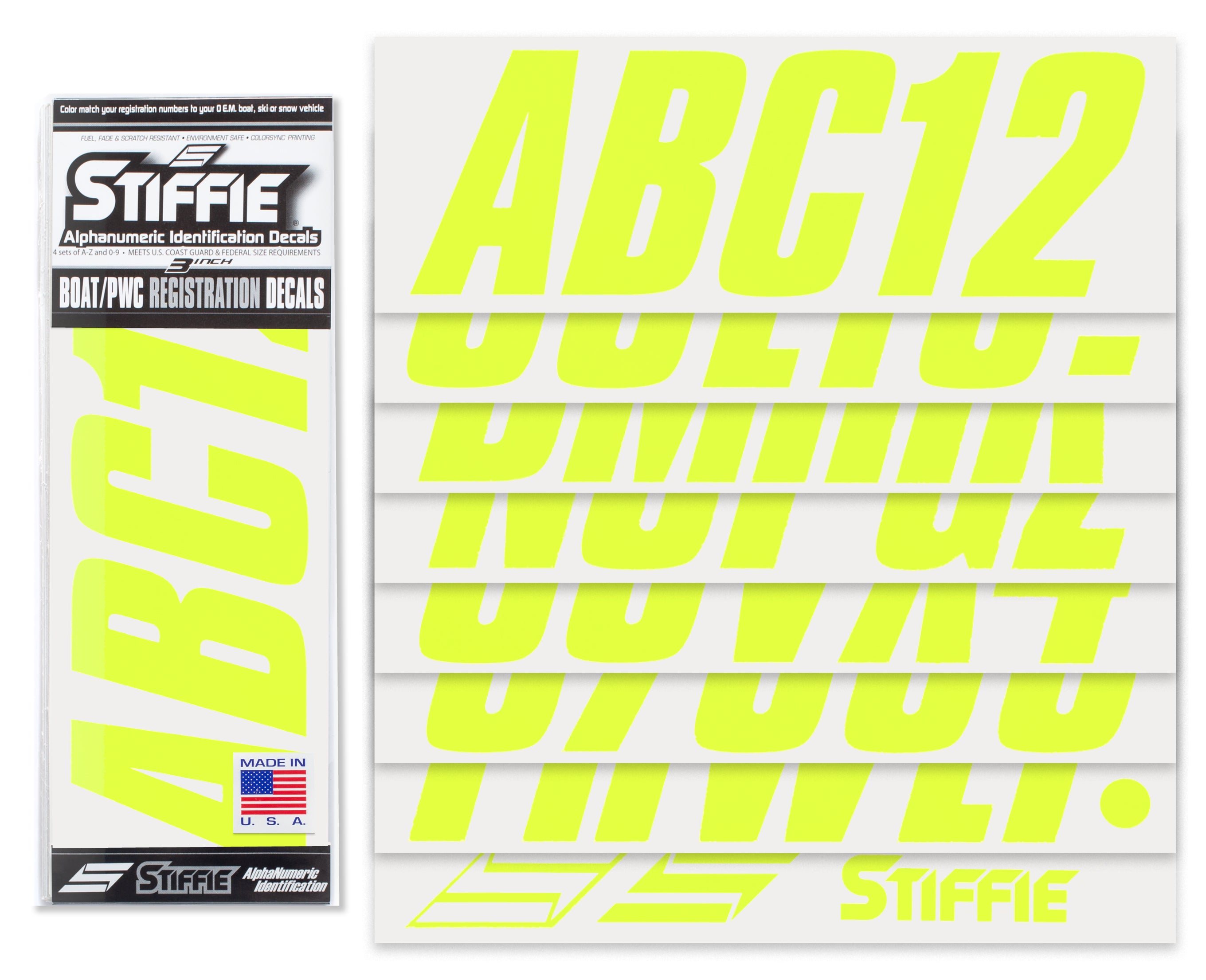 STIFFIE Shift Day Glow Yellow 3" ID Kit Alpha-Numeric Registration Identification Numbers Stickers Decals for Boats & Personal Watercraft