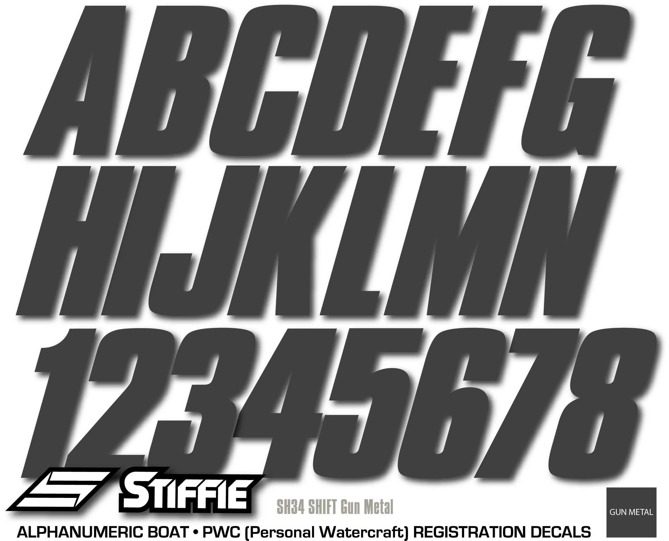 STIFFIE Shift Gunmetal 3" ID Kit Alpha-Numeric Registration Identification Numbers Stickers Decals for Boats & Personal Watercraft