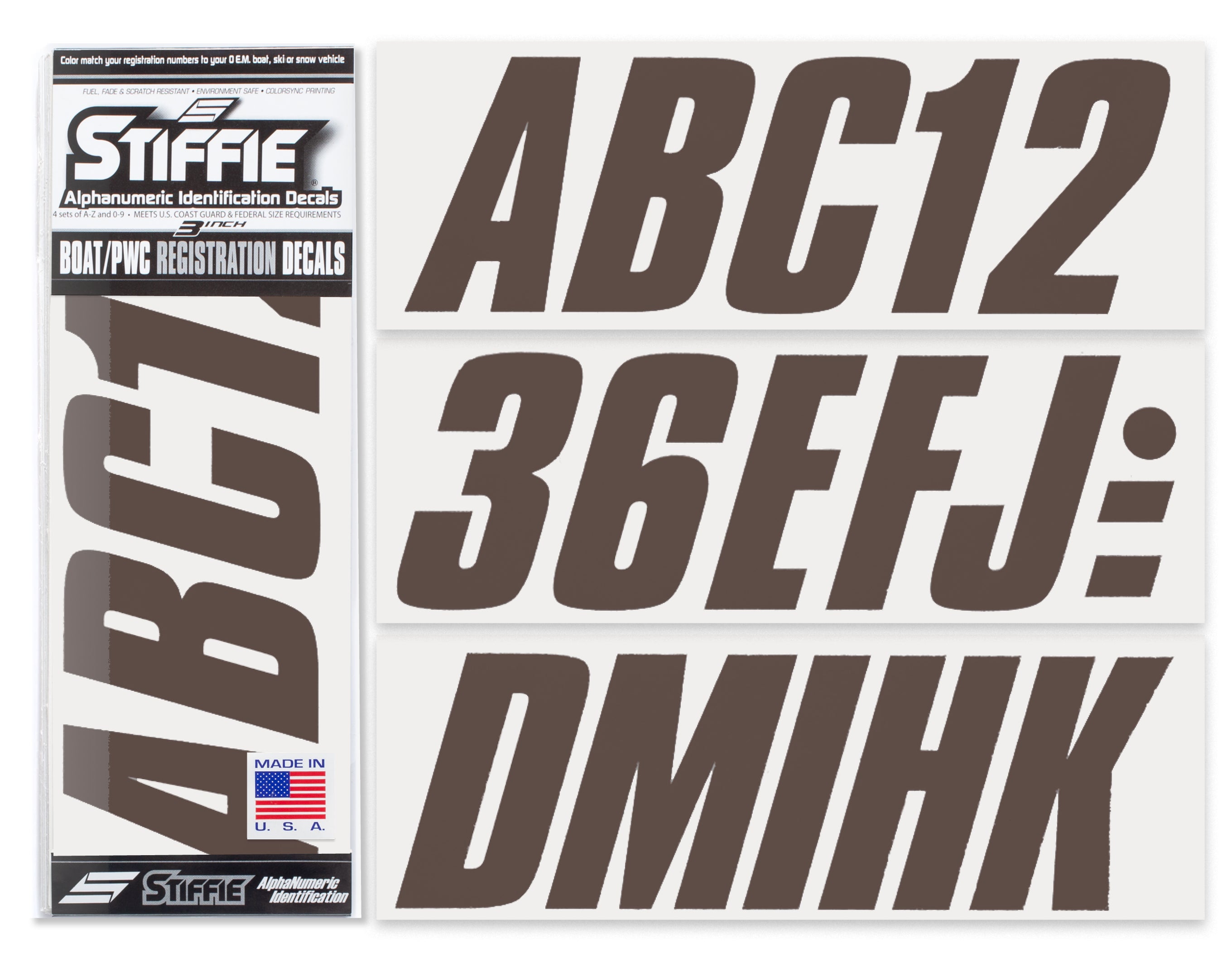 STIFFIE Shift Brown 3" ID Kit Alpha-Numeric Registration Identification Numbers Stickers Decals for Boats & Personal Watercraft