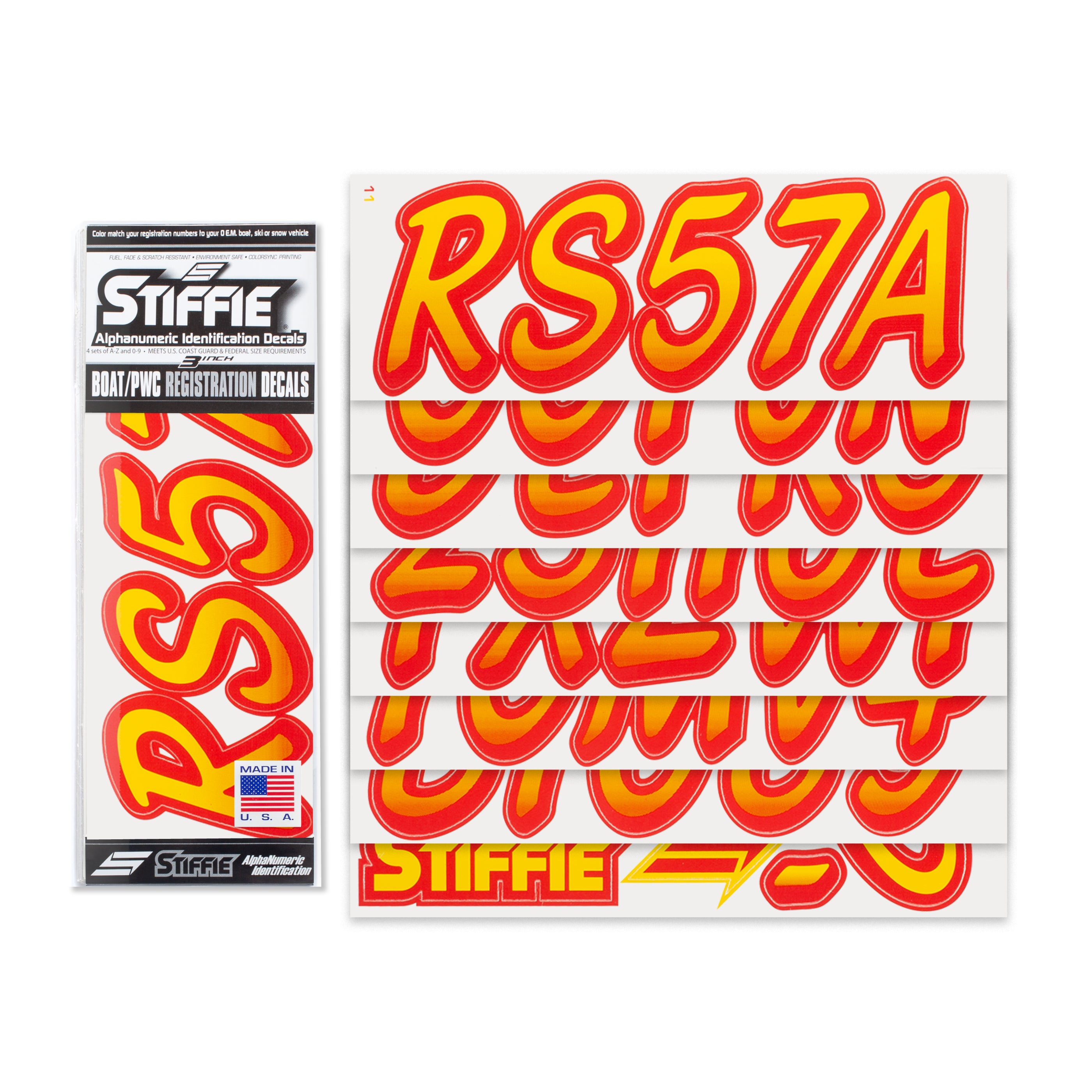 Stiffie Whipline Yellow/Red ID Kit 3" Alpha-Numeric Registration Identification Numbers Stickers Decals for Boats & Personal Watercraft