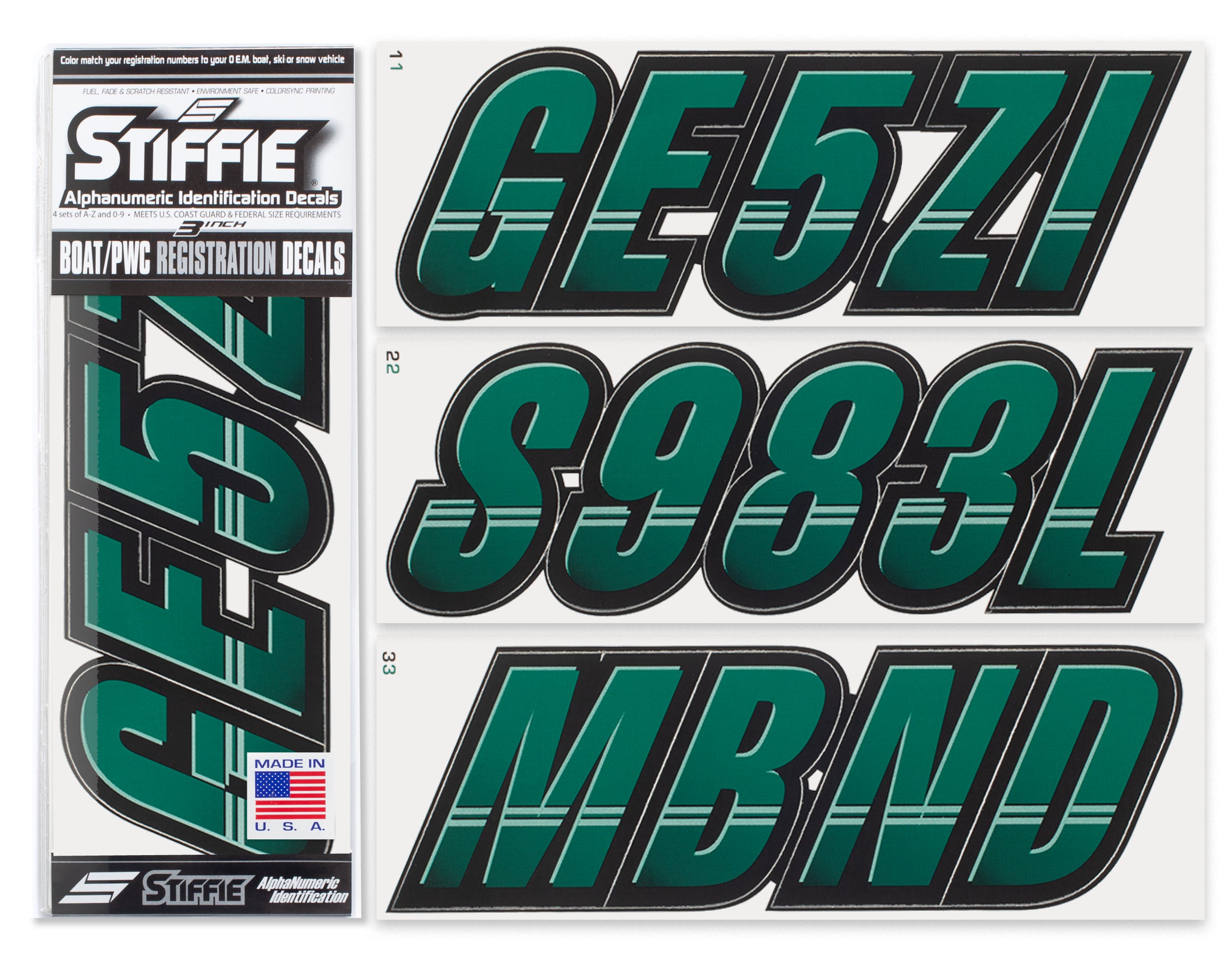 STIFFIE Techtron Racing Green/Black 3" Alpha-Numeric Registration Identification Numbers Stickers Decals for Boats & Personal Watercraft