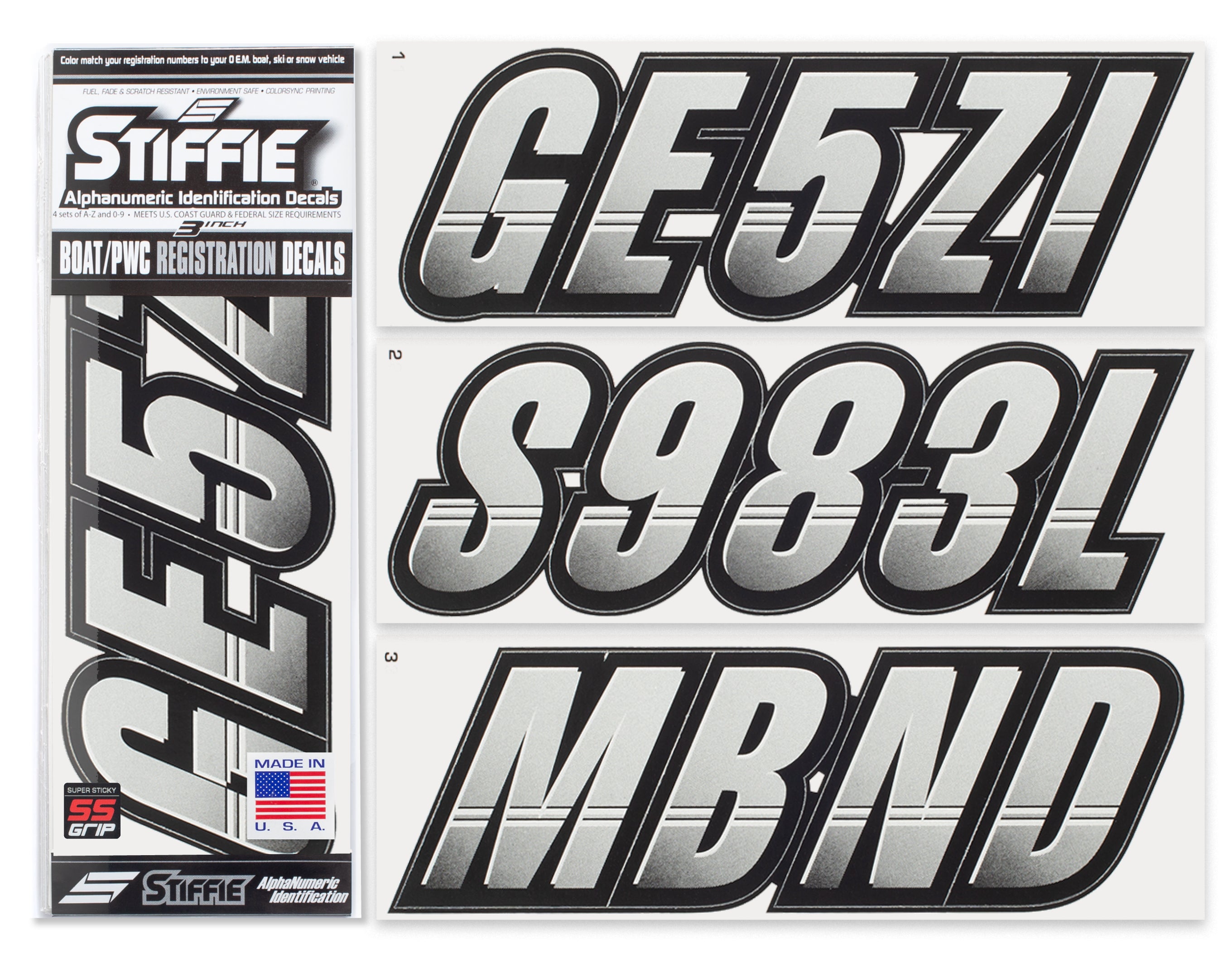 Techtron Silver/Black Super Sticky 3" Alpha Numeric Registration Identification Numbers Stickers Decals for Sea-Doo Spark, Inflatable Boats, Ribs, Hypalon/PVC, PWC and Boats.