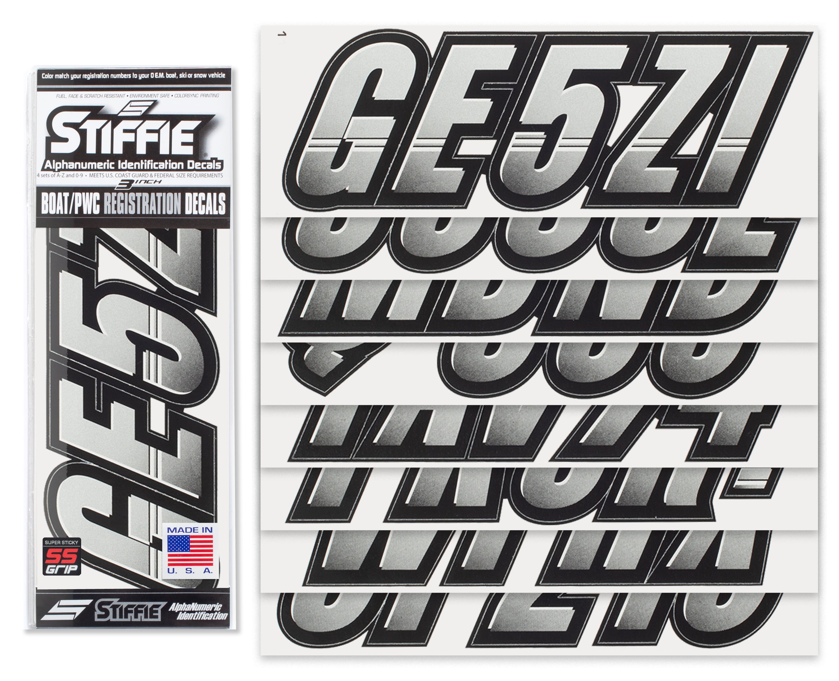 Techtron Silver/Black Super Sticky 3" Alpha Numeric Registration Identification Numbers Stickers Decals for Sea-Doo Spark, Inflatable Boats, Ribs, Hypalon/PVC, PWC and Boats.