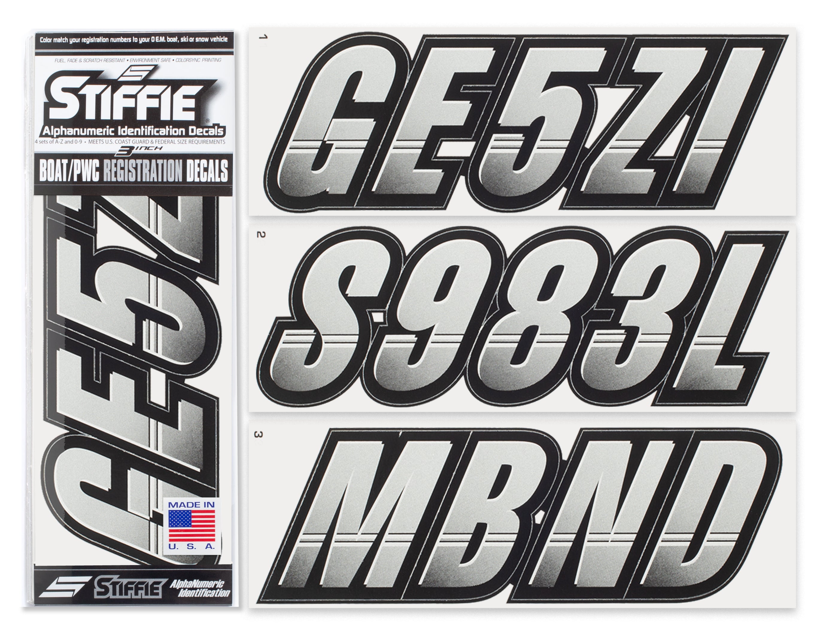 Stiffie Techtron Silver/Black 3" Alpha-Numeric Registration Identification Numbers Stickers Decals for Boats & Personal Watercraft