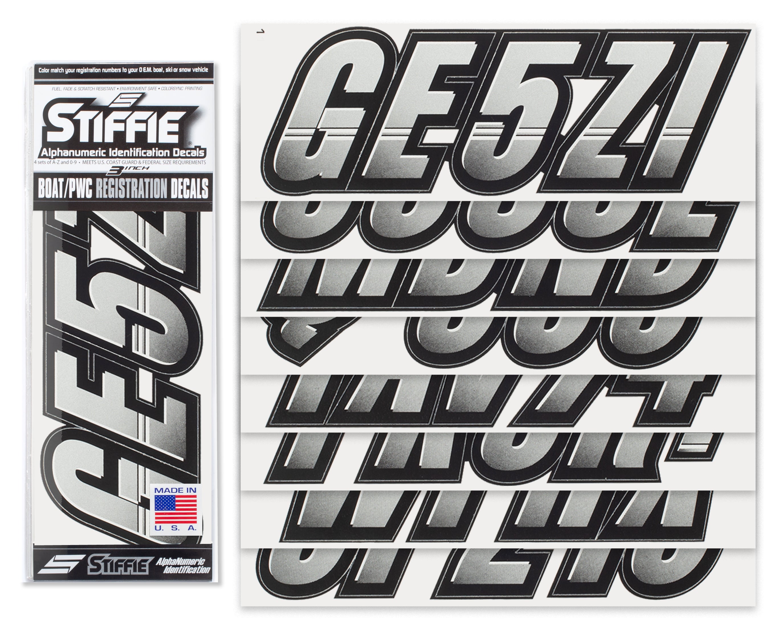 Stiffie Techtron Silver/Black 3" Alpha-Numeric Registration Identification Numbers Stickers Decals for Boats & Personal Watercraft