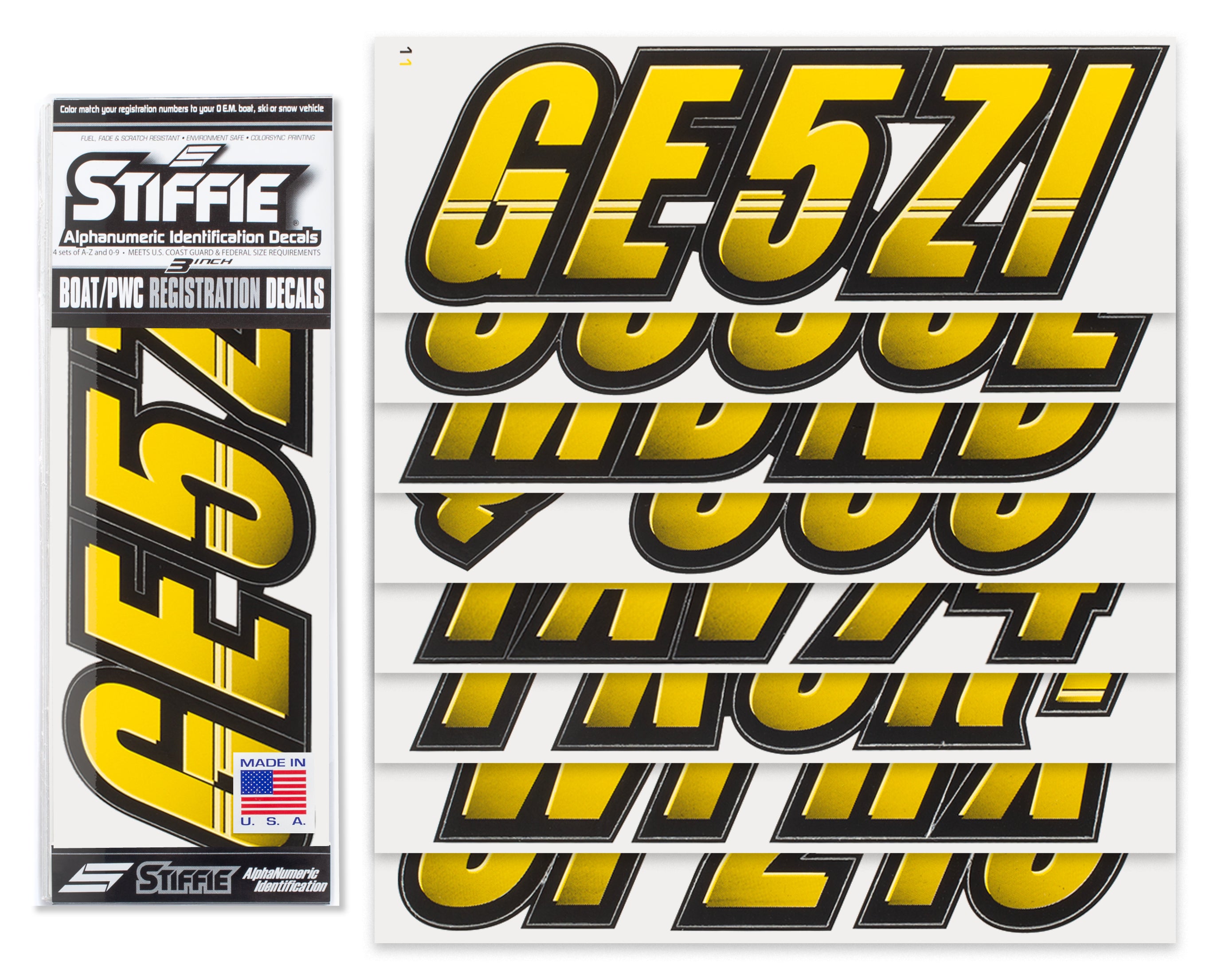 Stiffie Techtron Yellow/Black 3" Alpha-Numeric Registration Identification Numbers Stickers Decals for Boats & Personal Watercraft