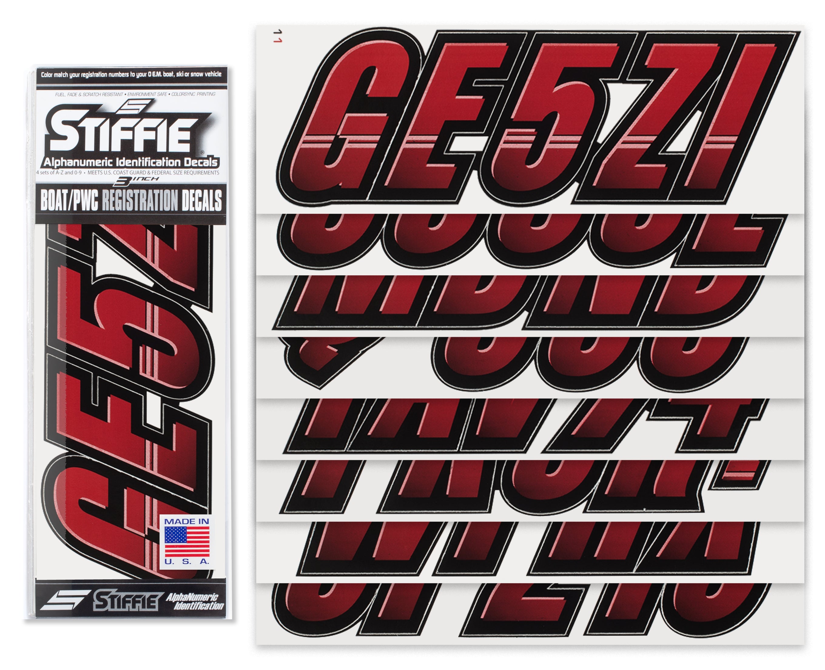 Stiffie Techtron Burgundy/Black 3" Alpha-Numeric Registration Identification Numbers Stickers Decals for Boats & Personal Watercraft