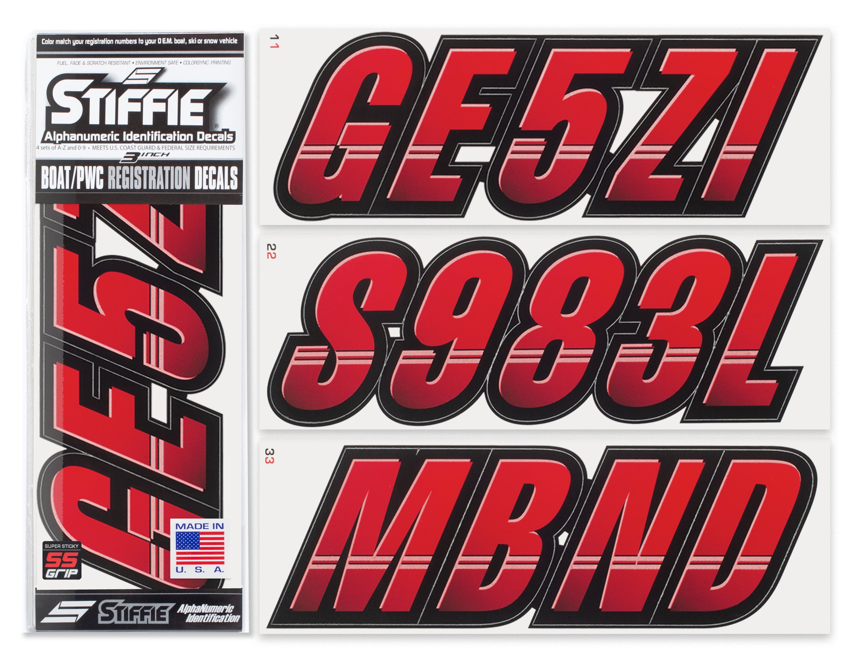 Stiffie Techtron Red/Black Super Sticky 3" Alpha Numeric Registration Identification Numbers Stickers Decals for Sea-Doo Spark, Inflatable Boats, Ribs, Hypalon/PVC, PWC and Boats.