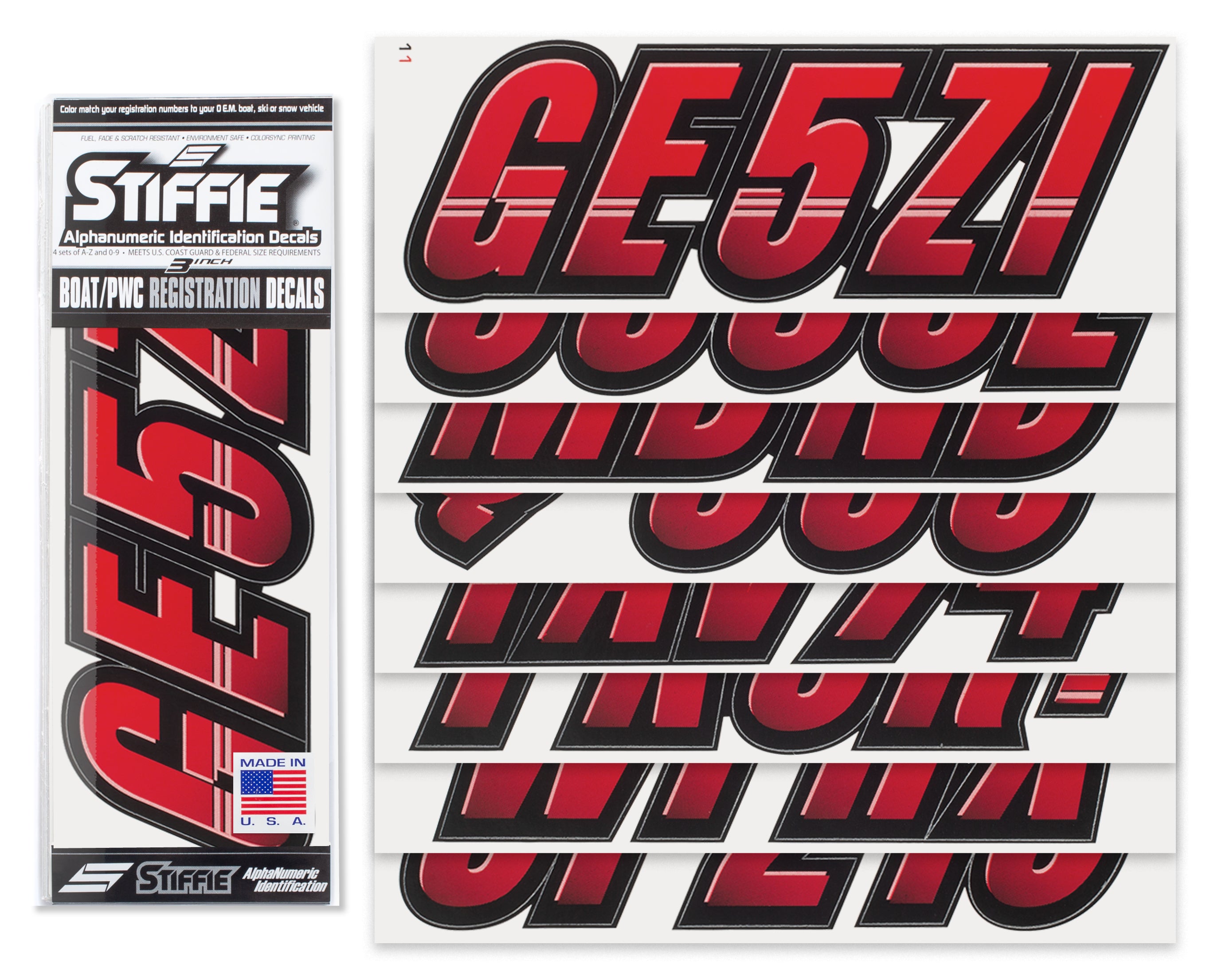 Stiffie Techtron Red/Black 3" Alpha-Numeric Registration Identification Numbers Stickers Decals for Boats & Personal Watercraft