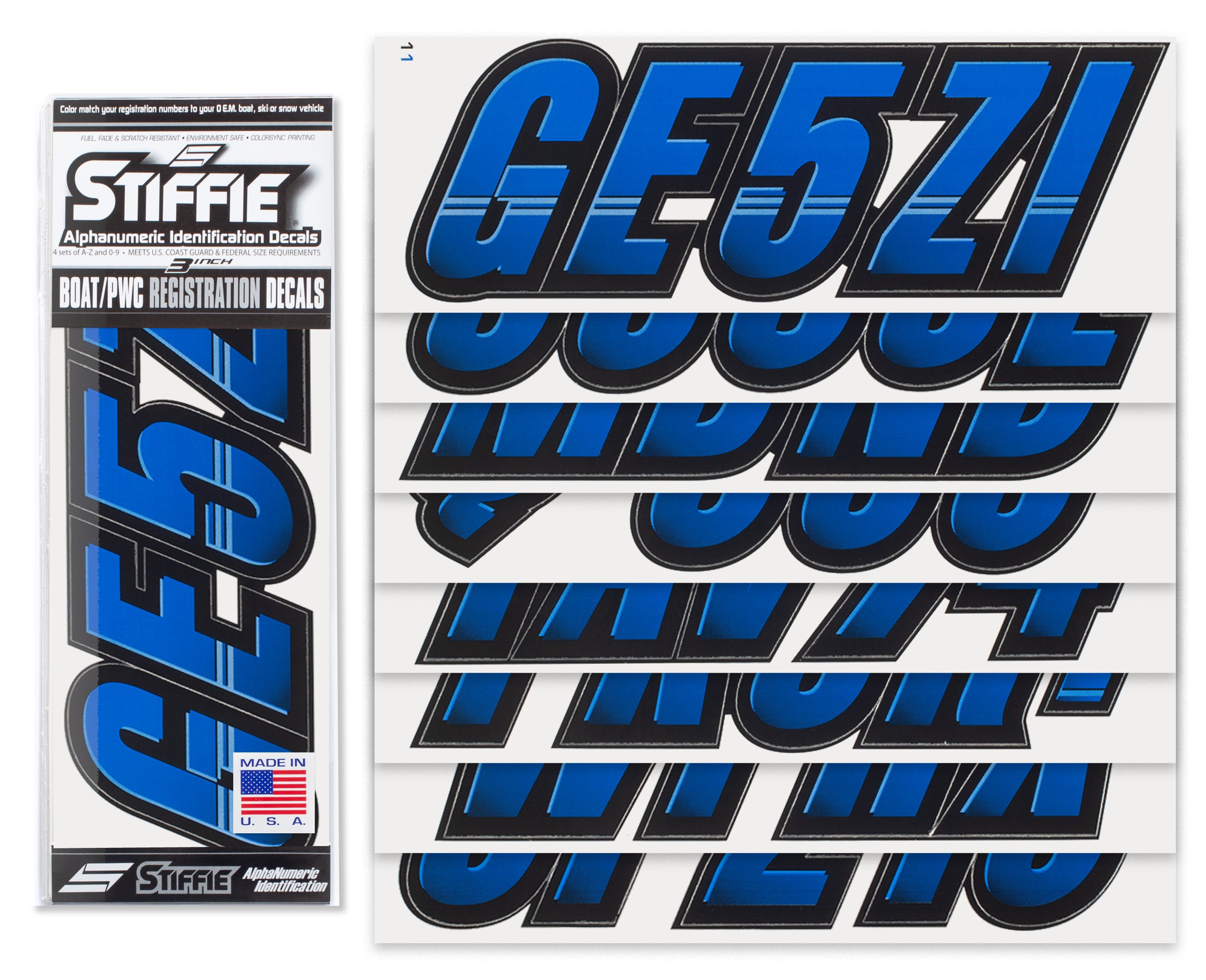 STIFFIE Techtron Blue/Black 3" Alpha-Numeric Registration Identification Numbers Stickers Decals for Boats & Personal Watercraft