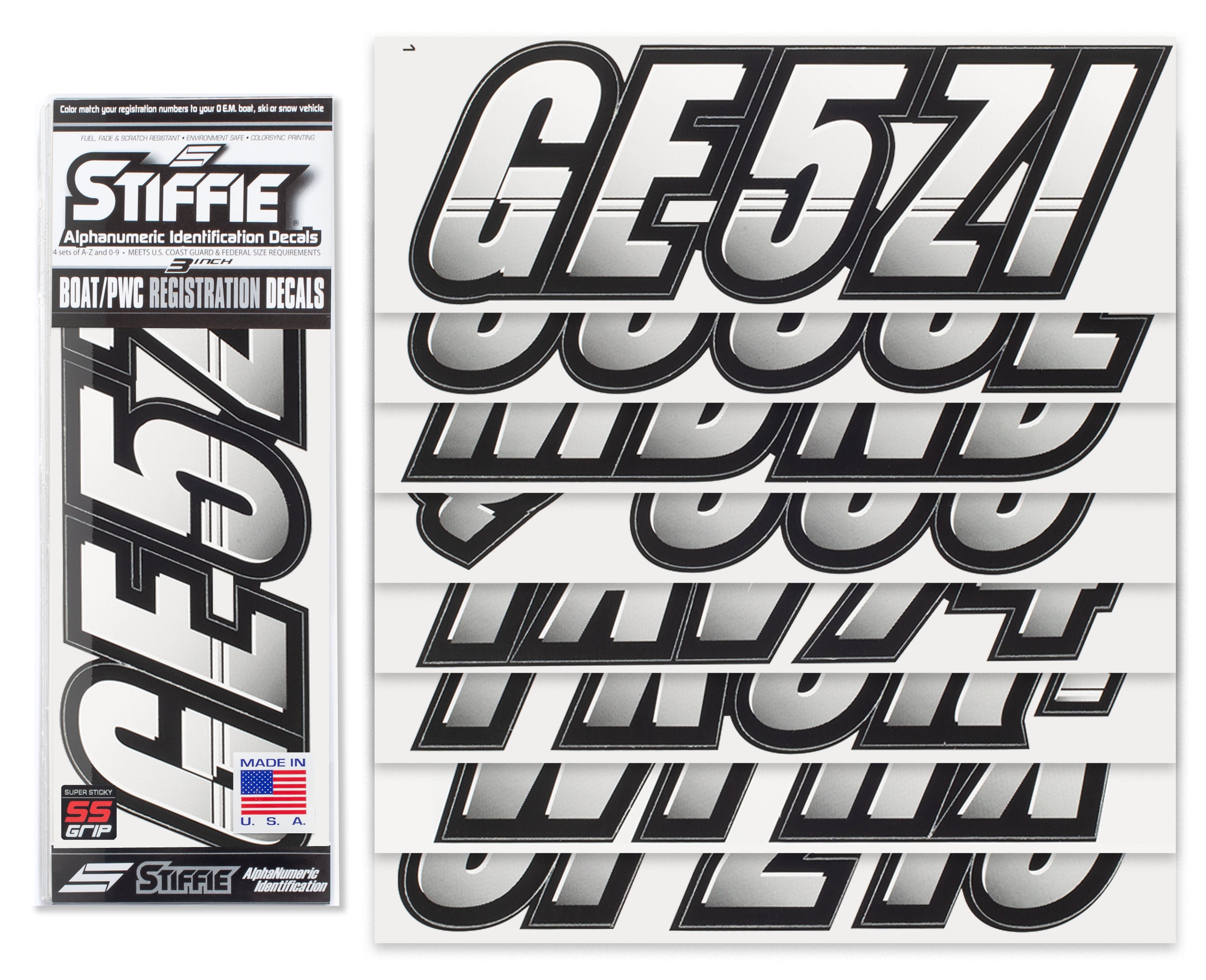 Techtron White/Black Super Sticky 3" Alpha Numeric Registration Identification Numbers Stickers Decals for Sea-Doo Spark, Inflatable Boats, Ribs, Hypalon/PVC, PWC and Boats.