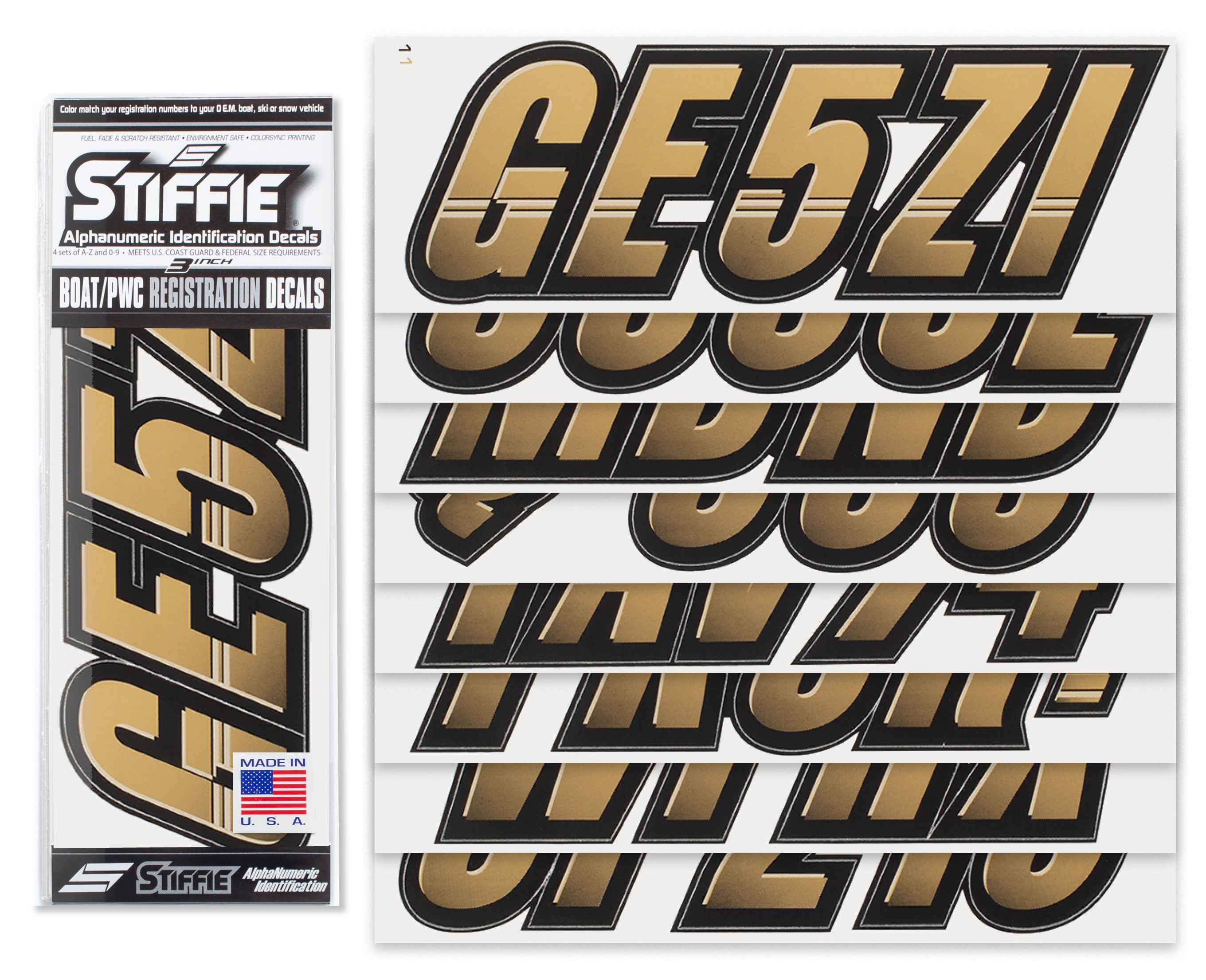 Stiffie Techtron Tan/Black 3" Alpha-Numeric Registration Identification Numbers Stickers Decals for Boats & Personal Watercraft