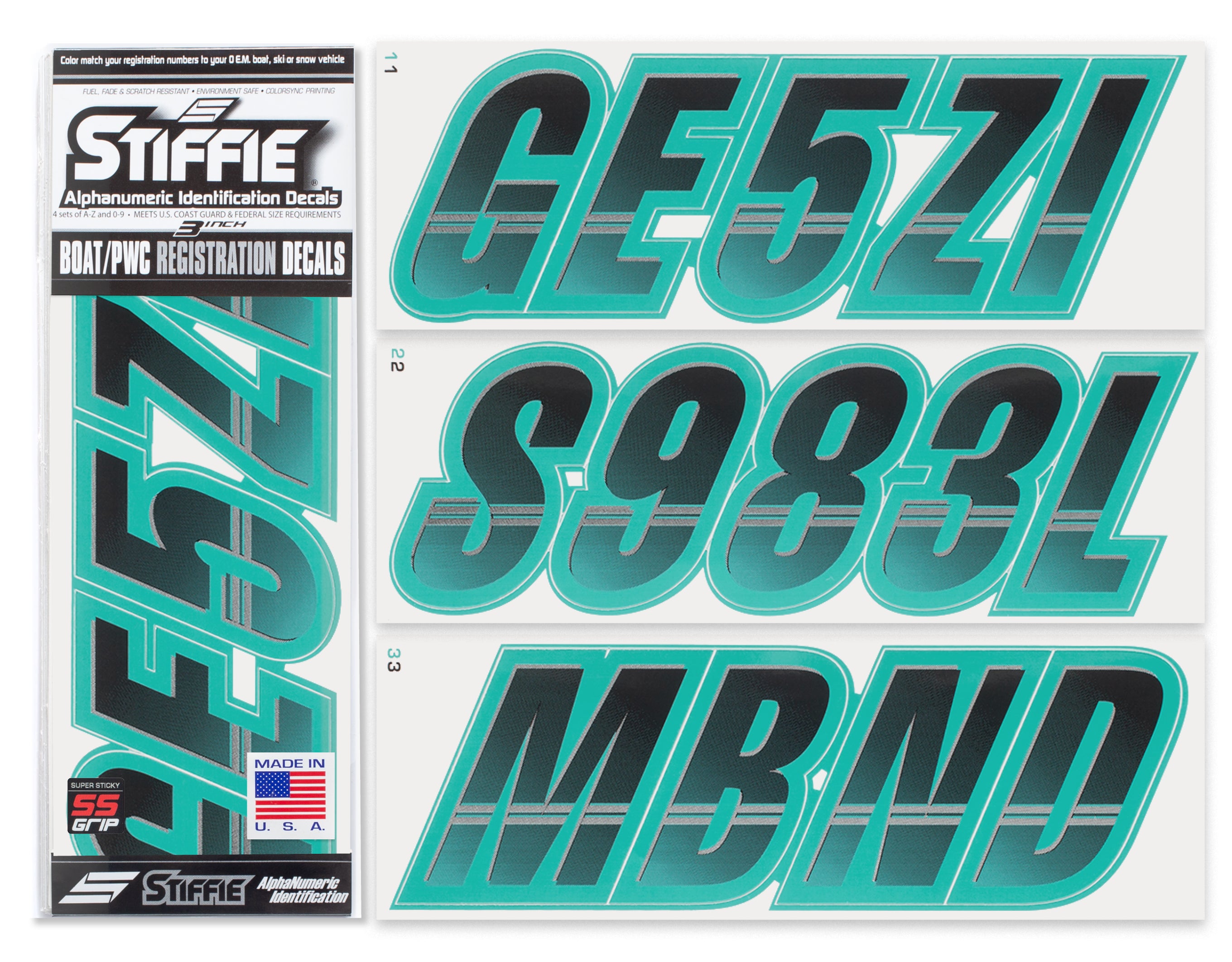 Stiffie Techtron Black/Candy Blue Super Sticky 3" Alpha Numeric Registration Identification Numbers Stickers Decals for Sea-Doo Spark, Inflatable Boats, Ribs, Hypalon/PVC, PWC and Boats.