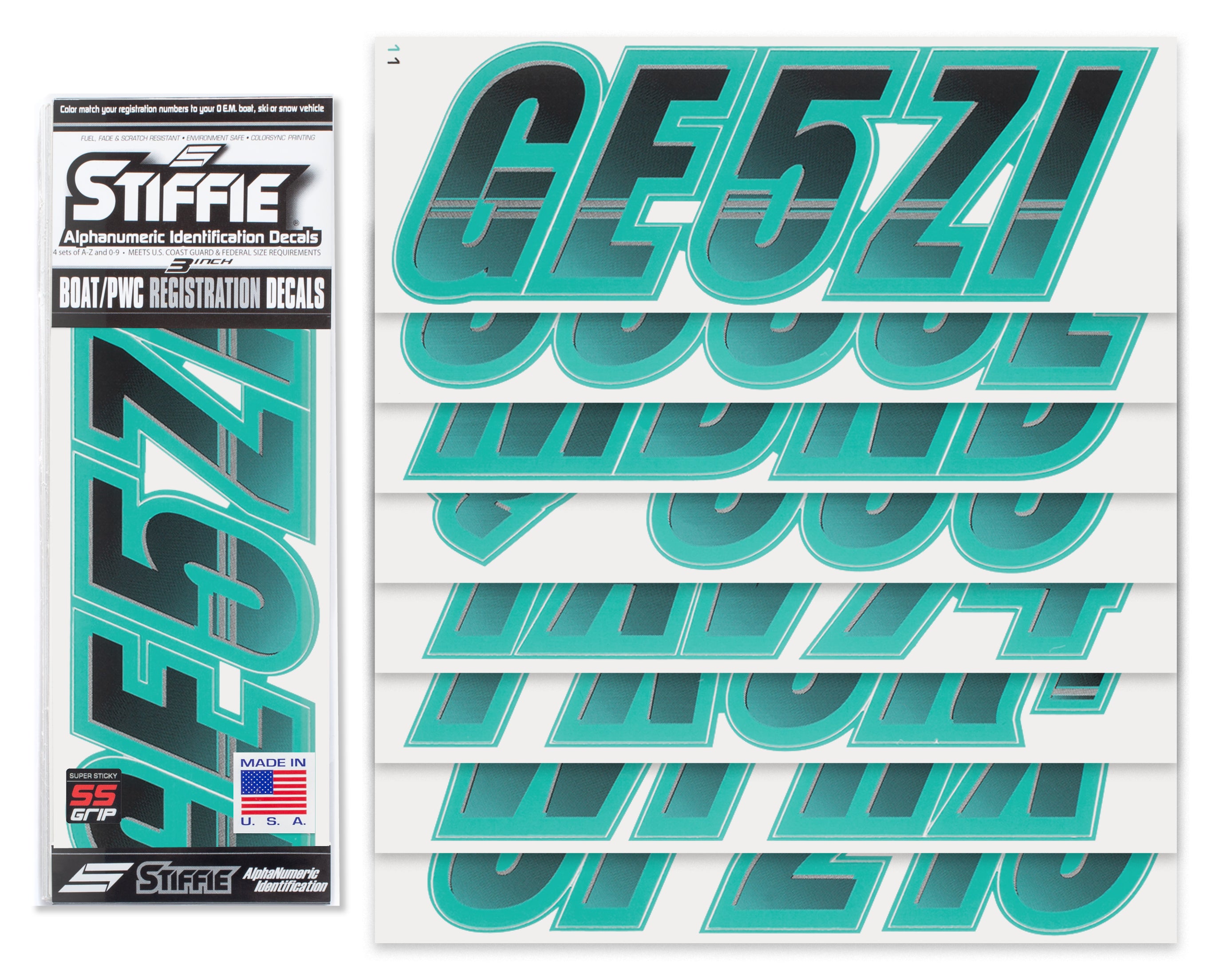 Stiffie Techtron Black/Candy Blue Super Sticky 3" Alpha Numeric Registration Identification Numbers Stickers Decals for Sea-Doo Spark, Inflatable Boats, Ribs, Hypalon/PVC, PWC and Boats.