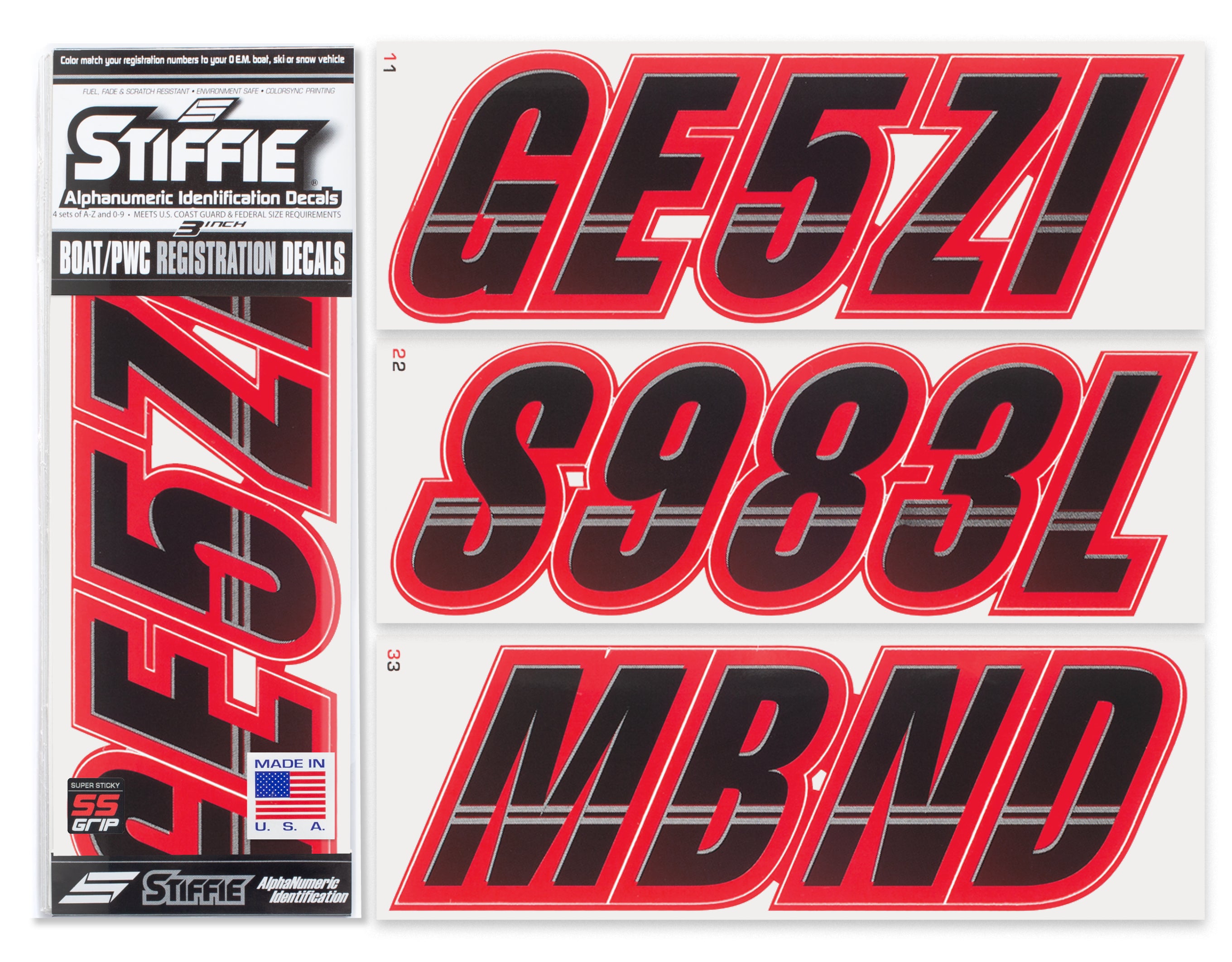 Stiffie Techtron Black/Lava Red Super Sticky 3" Alpha Numeric Registration Identification Numbers Stickers Decals for Sea-Doo Spark, Inflatable Boats, Ribs, Hypalon/PVC, PWC and Boats.